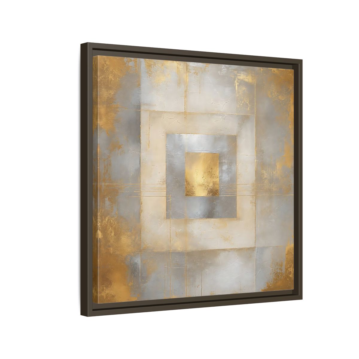 Side Mockup 11. Gilded Concentric Squares shown as framed canvas print