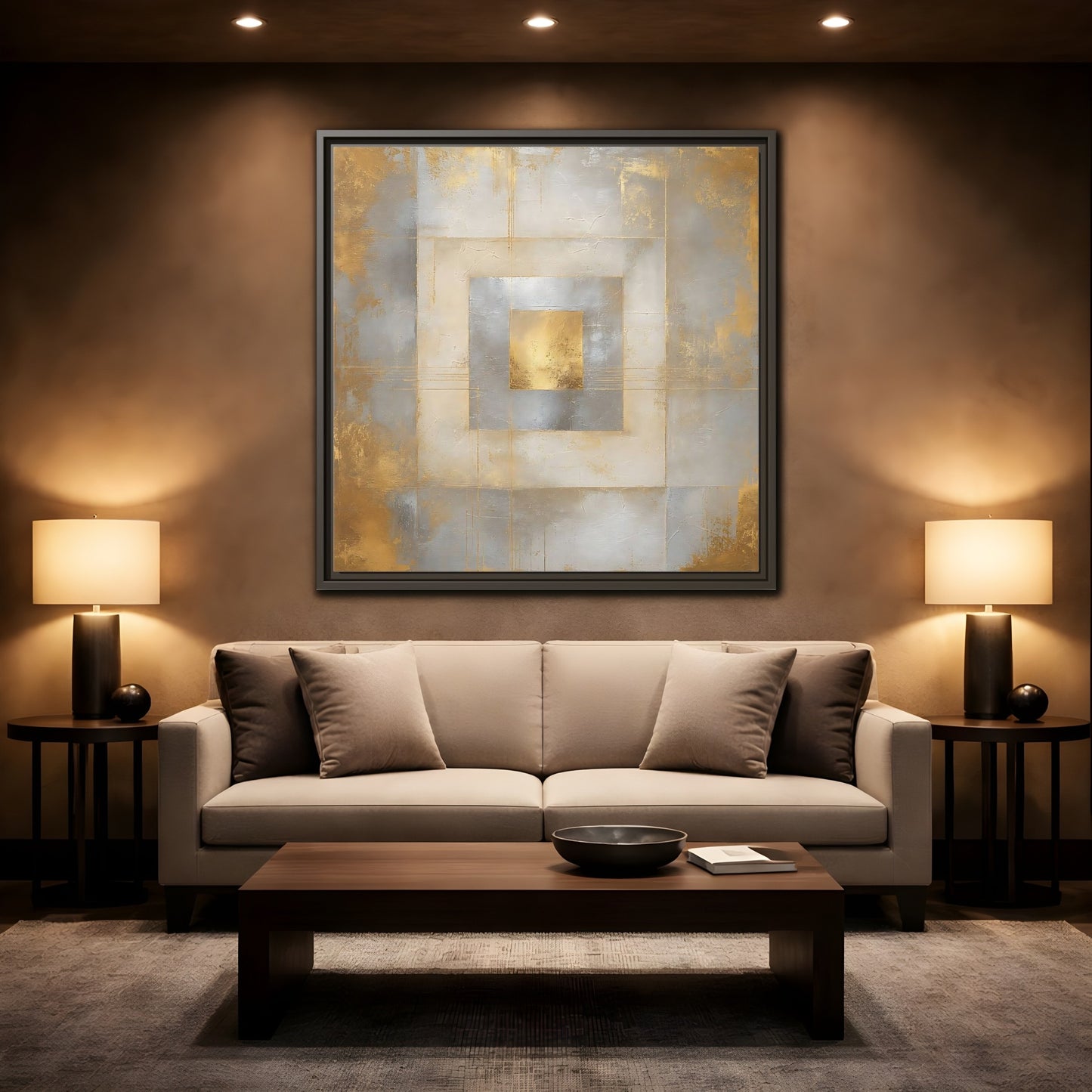 Mockup 2. Gilded Concentric Squares shown as framed canvas print