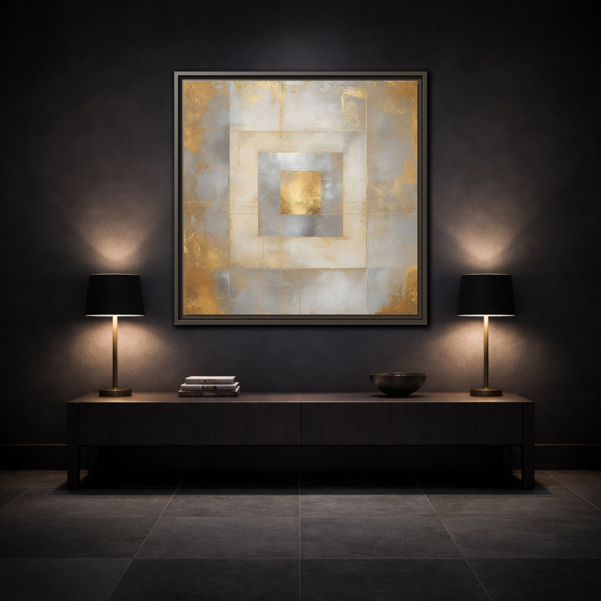 Mockup 3. Gilded Concentric Squares shown as framed canvas print