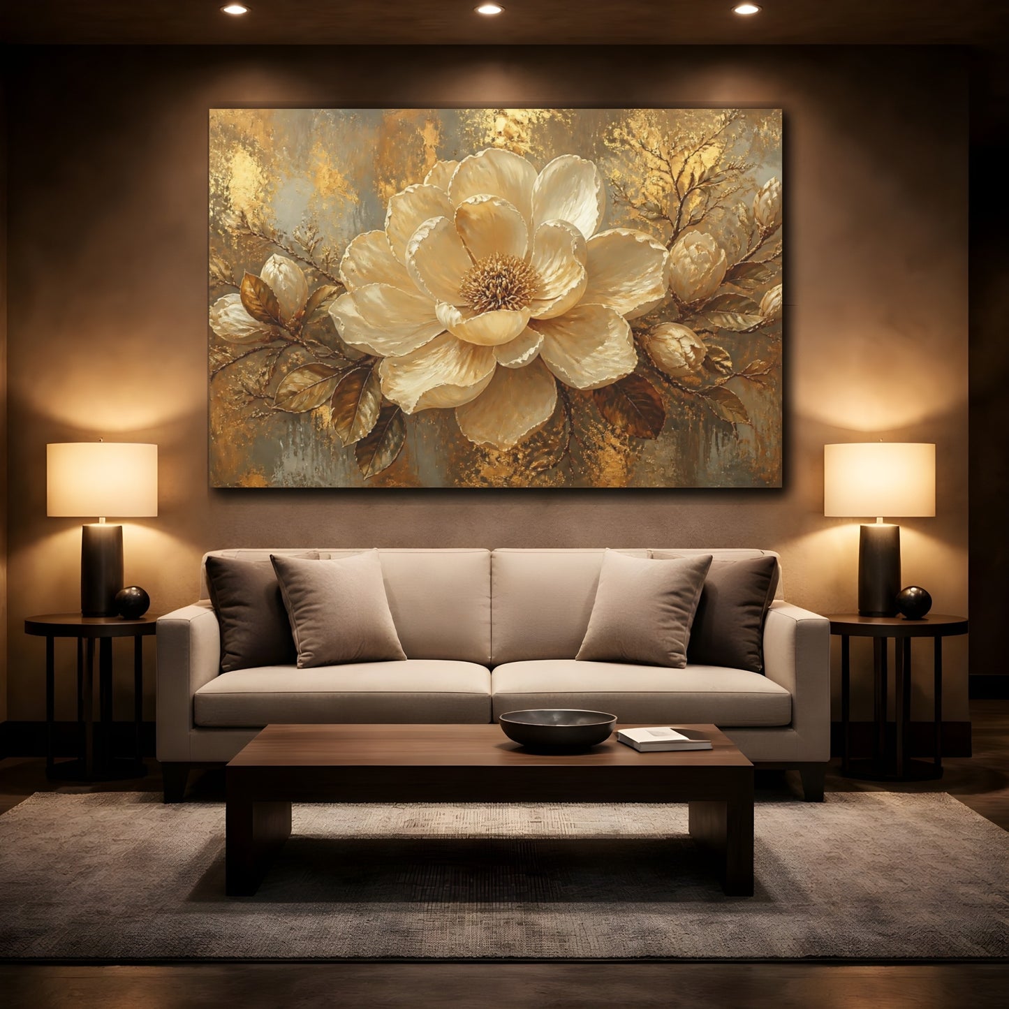 Mockup 2. Gilded Cream Blossom shown as canvas print