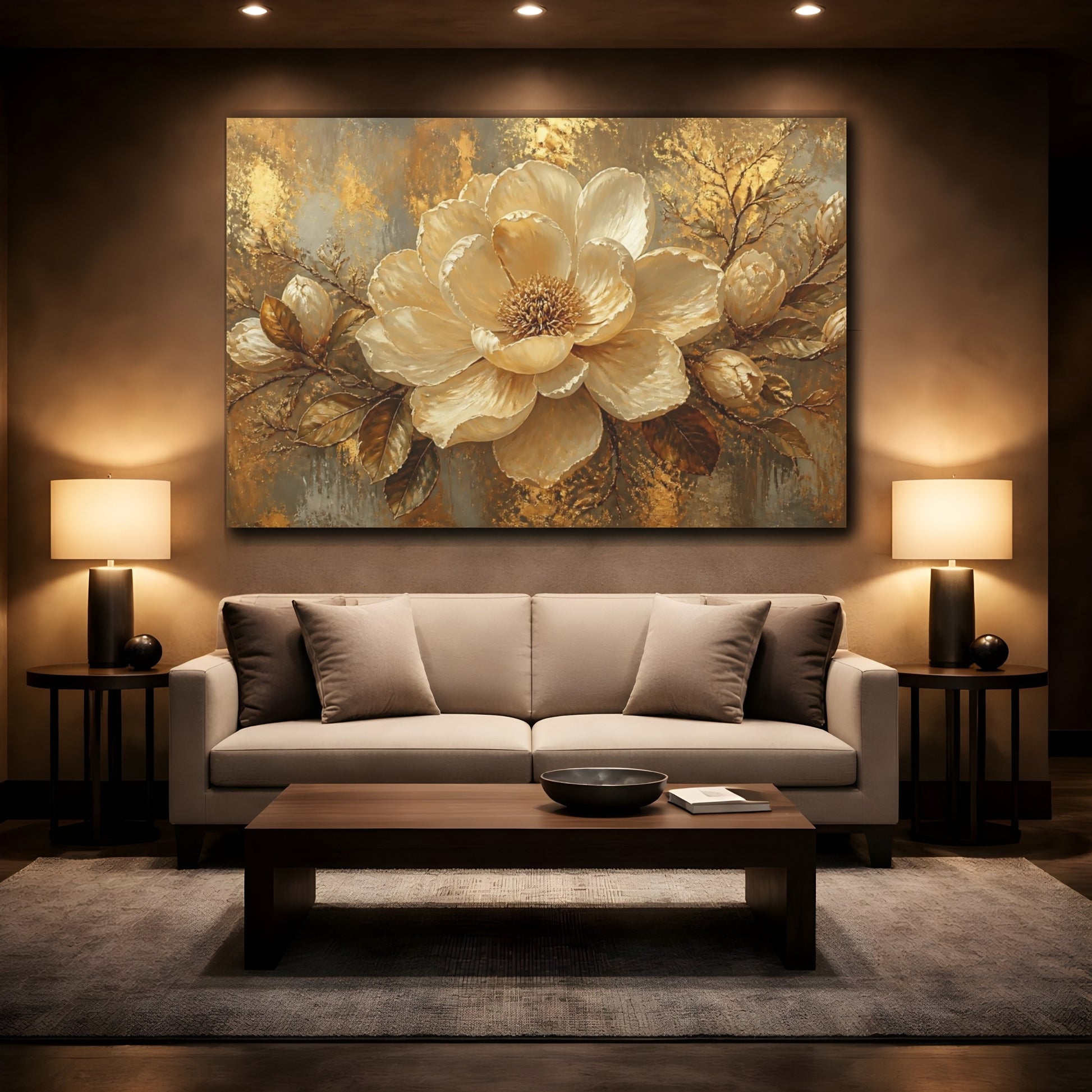 Mockup 2. Gilded Cream Blossom shown as canvas print