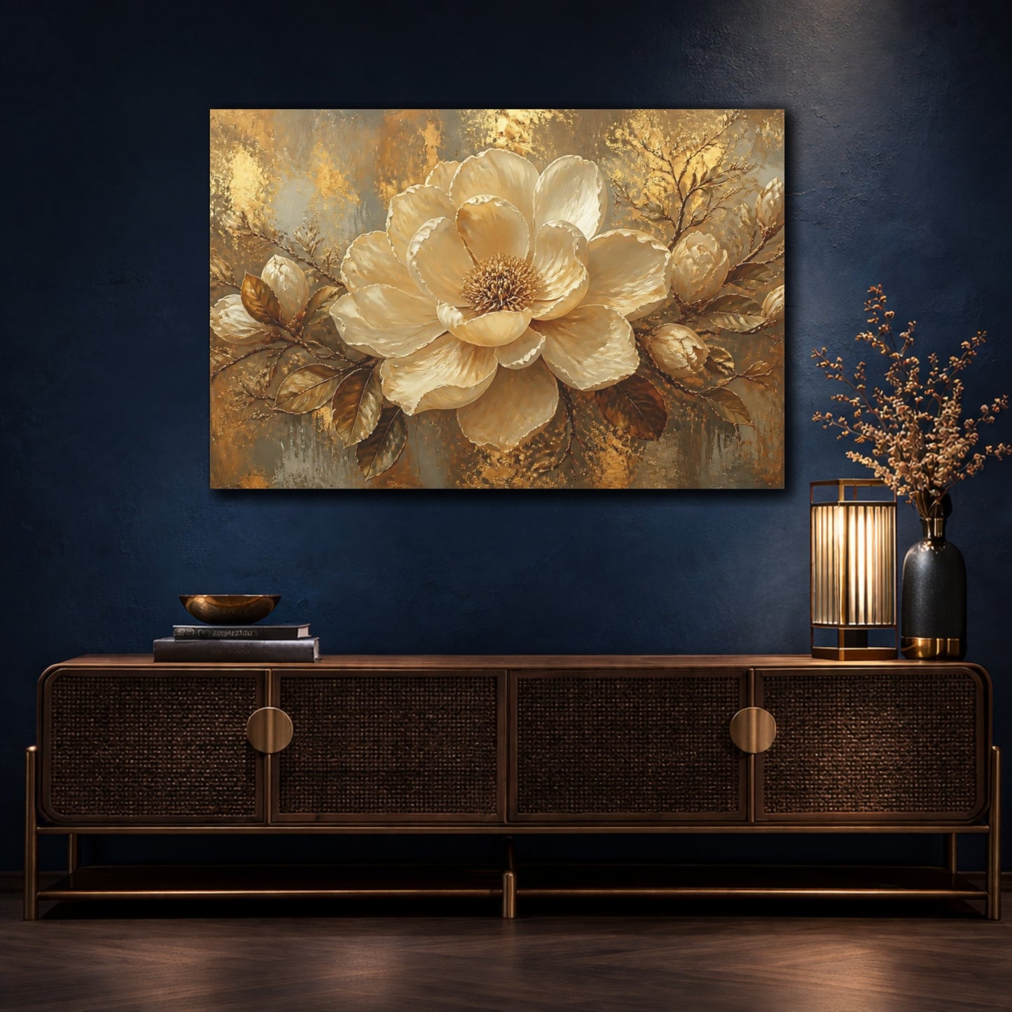 Mockup 4. Gilded Cream Blossom shown as canvas print