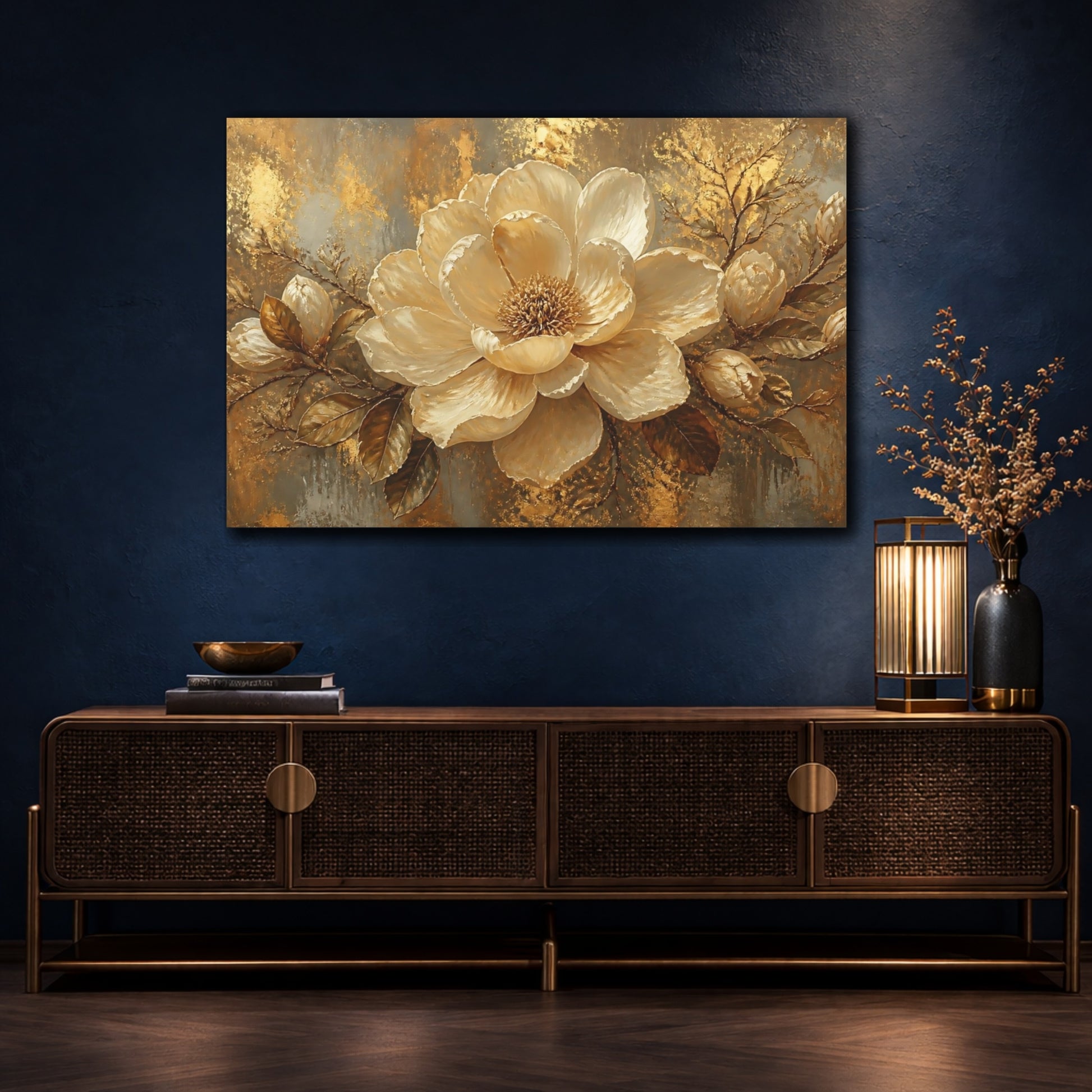 Mockup 4. Gilded Cream Blossom shown as canvas print