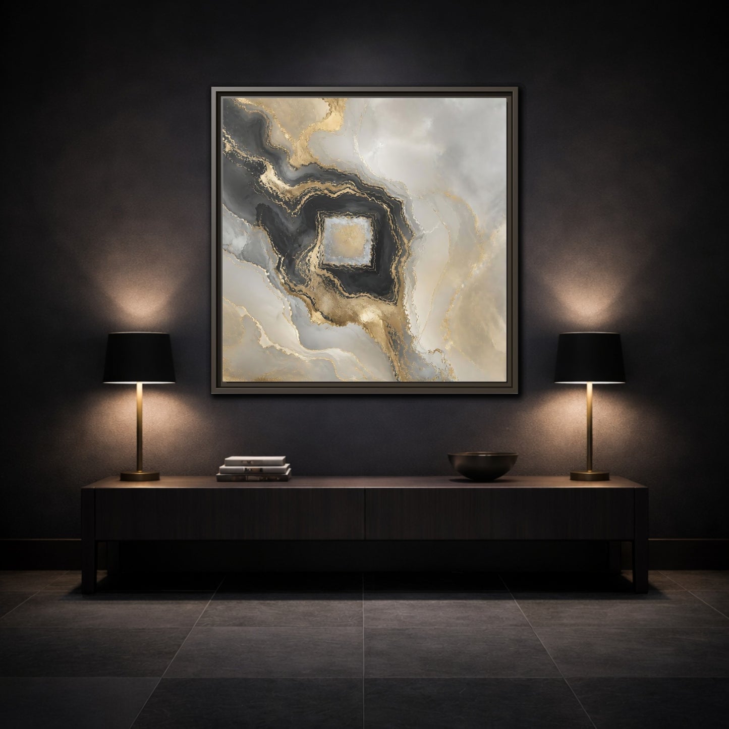 Mockup 3. Gilded Geode Abstract shown as framed canvas print
