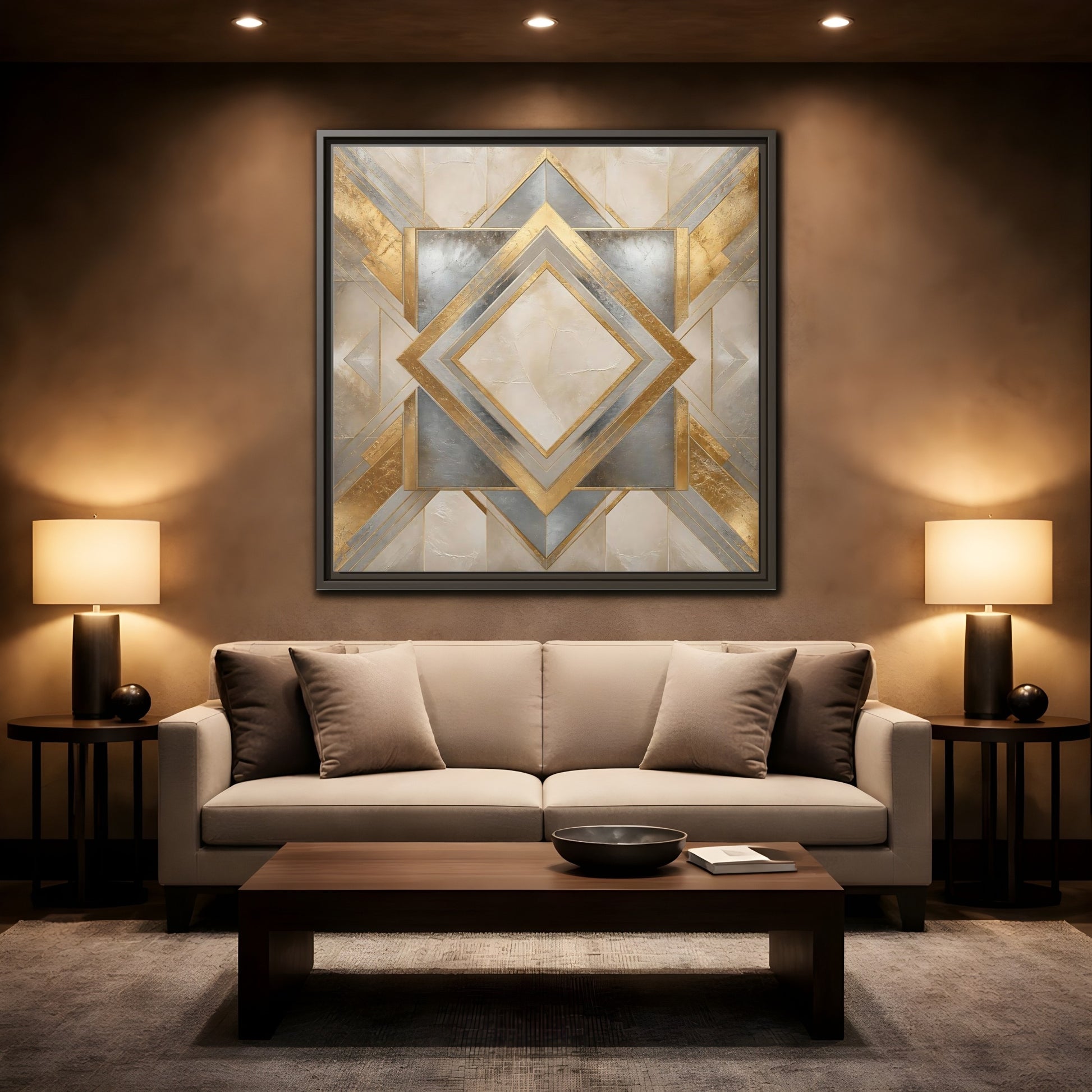 Mockup 2. Gilded Geometric Diamond shown as framed canvas print