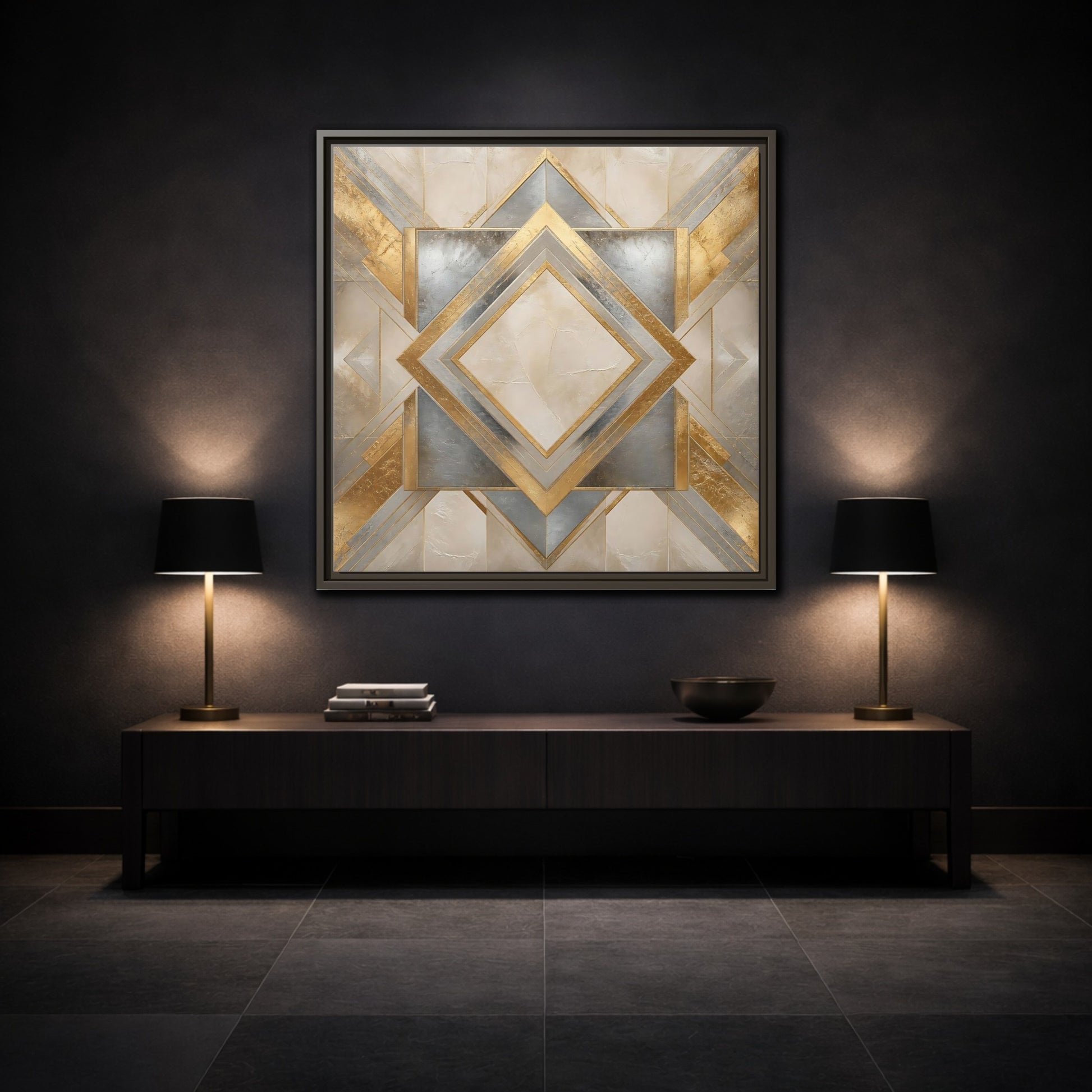 Mockup 3. Gilded Geometric Diamond shown as framed canvas print