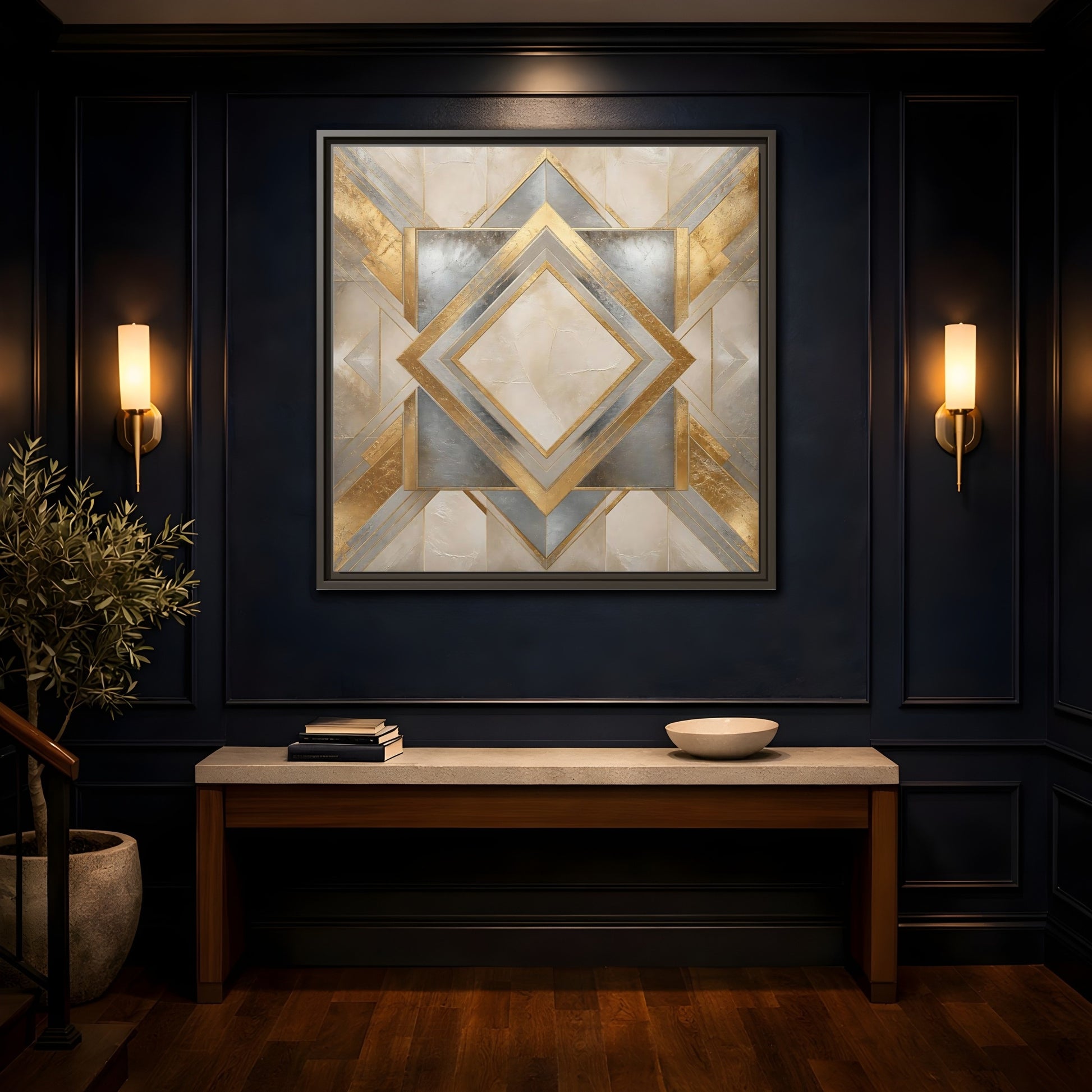 Mockup 4. Gilded Geometric Diamond shown as framed canvas print
