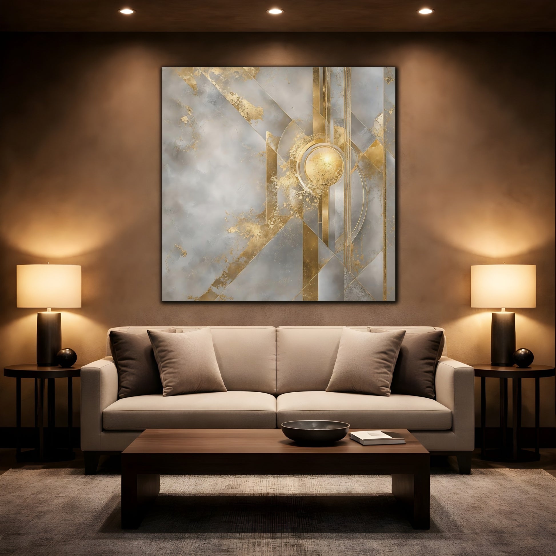 Mockup 2. Gilded Geometric Sun shown as canvas print