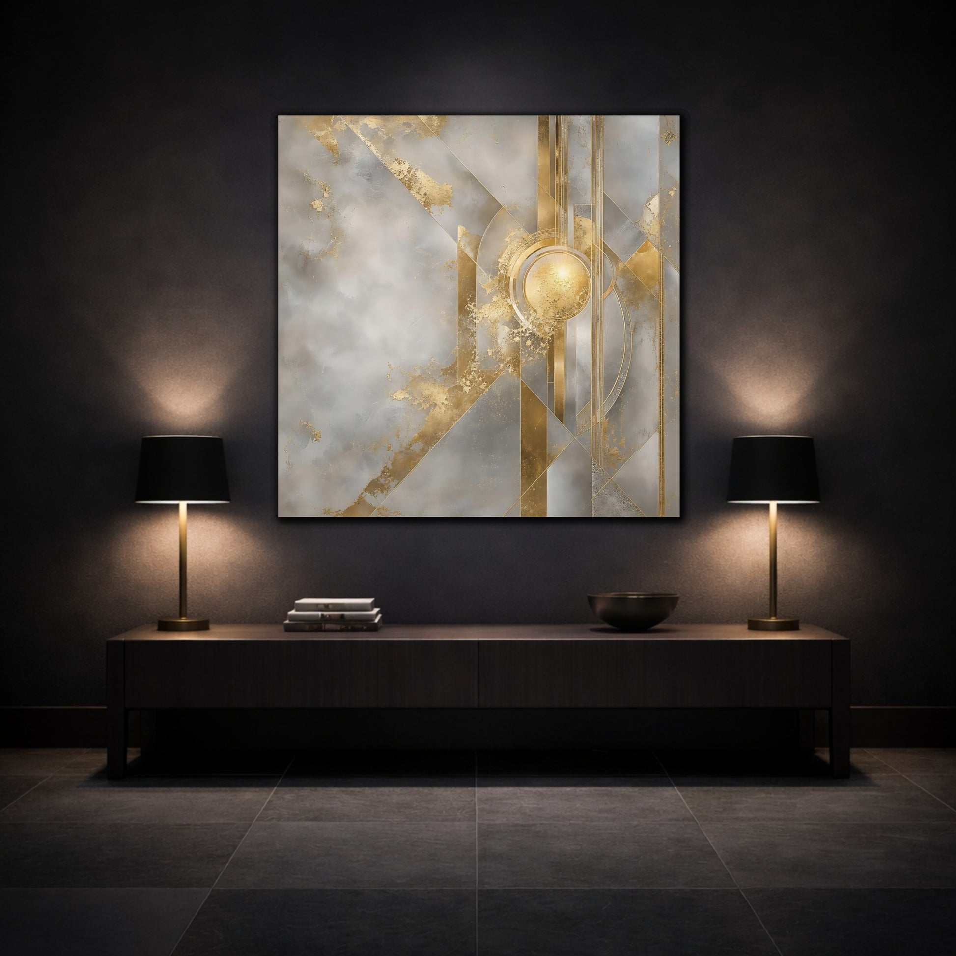 Mockup 3. Gilded Geometric Sun shown as canvas print