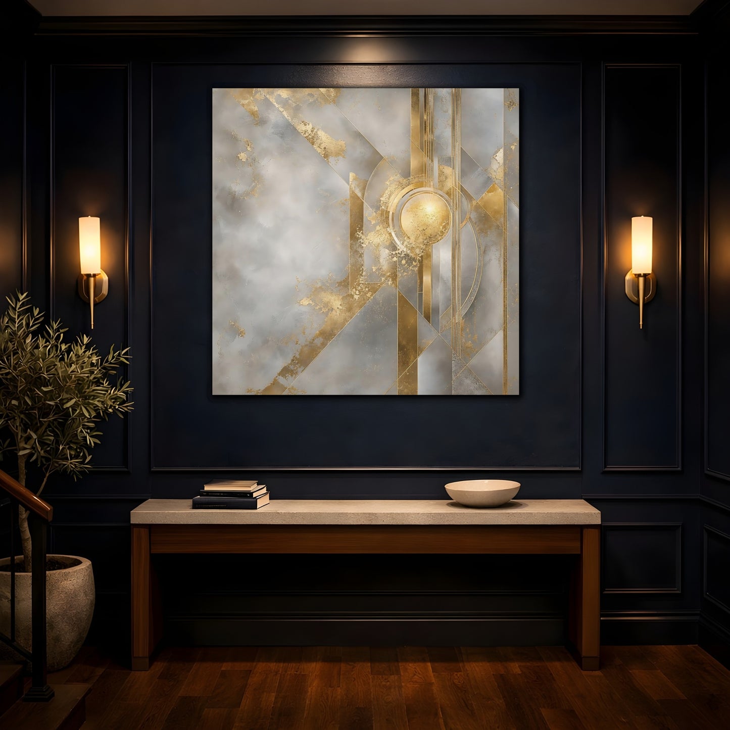 Mockup 4. Gilded Geometric Sun shown as canvas print