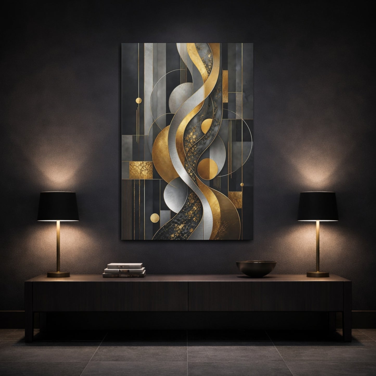 Mockup 3. Gilded Geometric Waves shown as canvas print