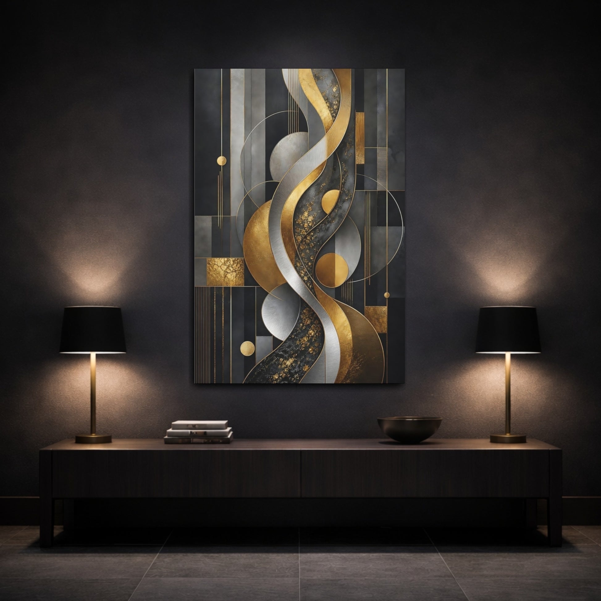 Mockup 3. Gilded Geometric Waves shown as canvas print