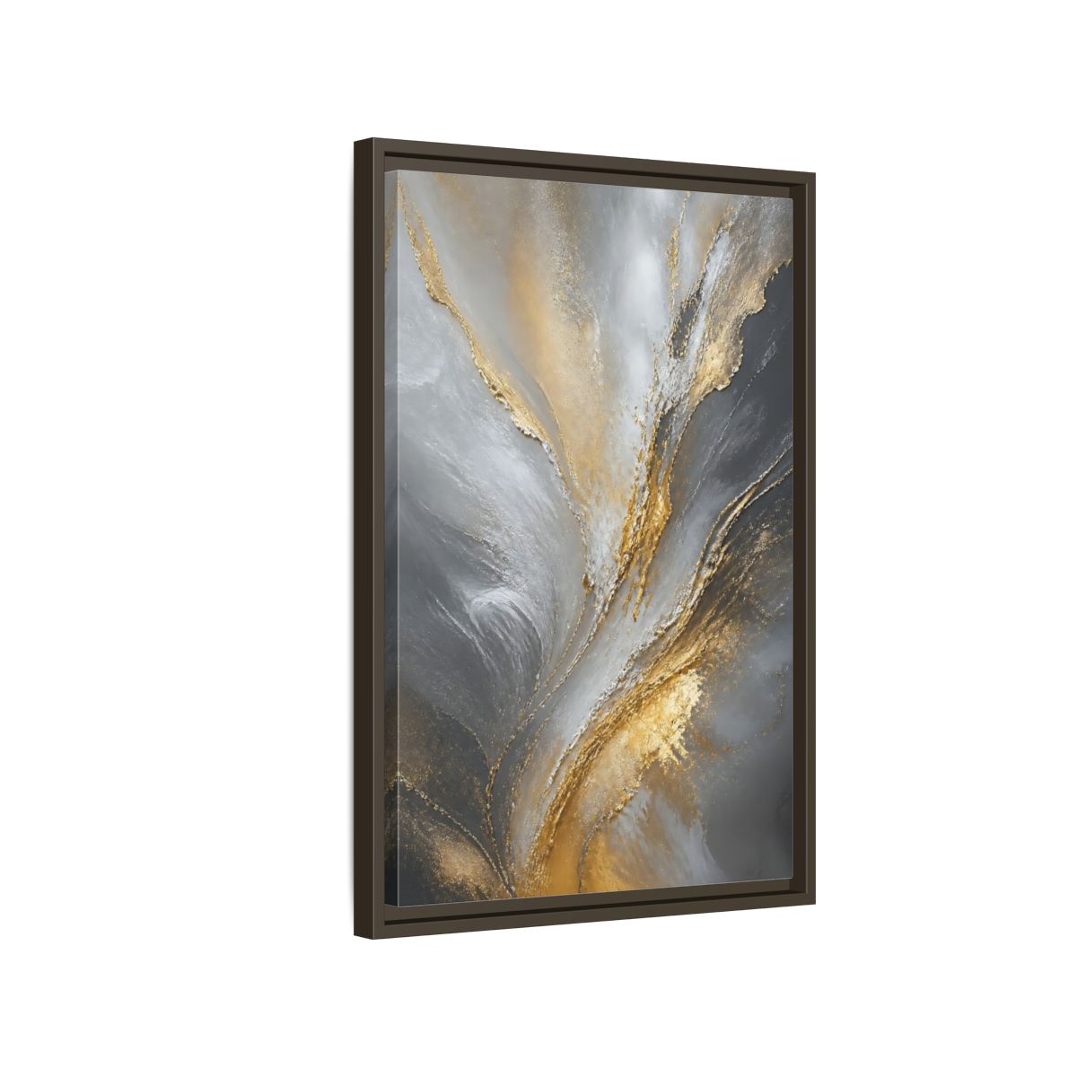 Side Mockup 2. Gilded Gray Swirl shown as framed canvas print