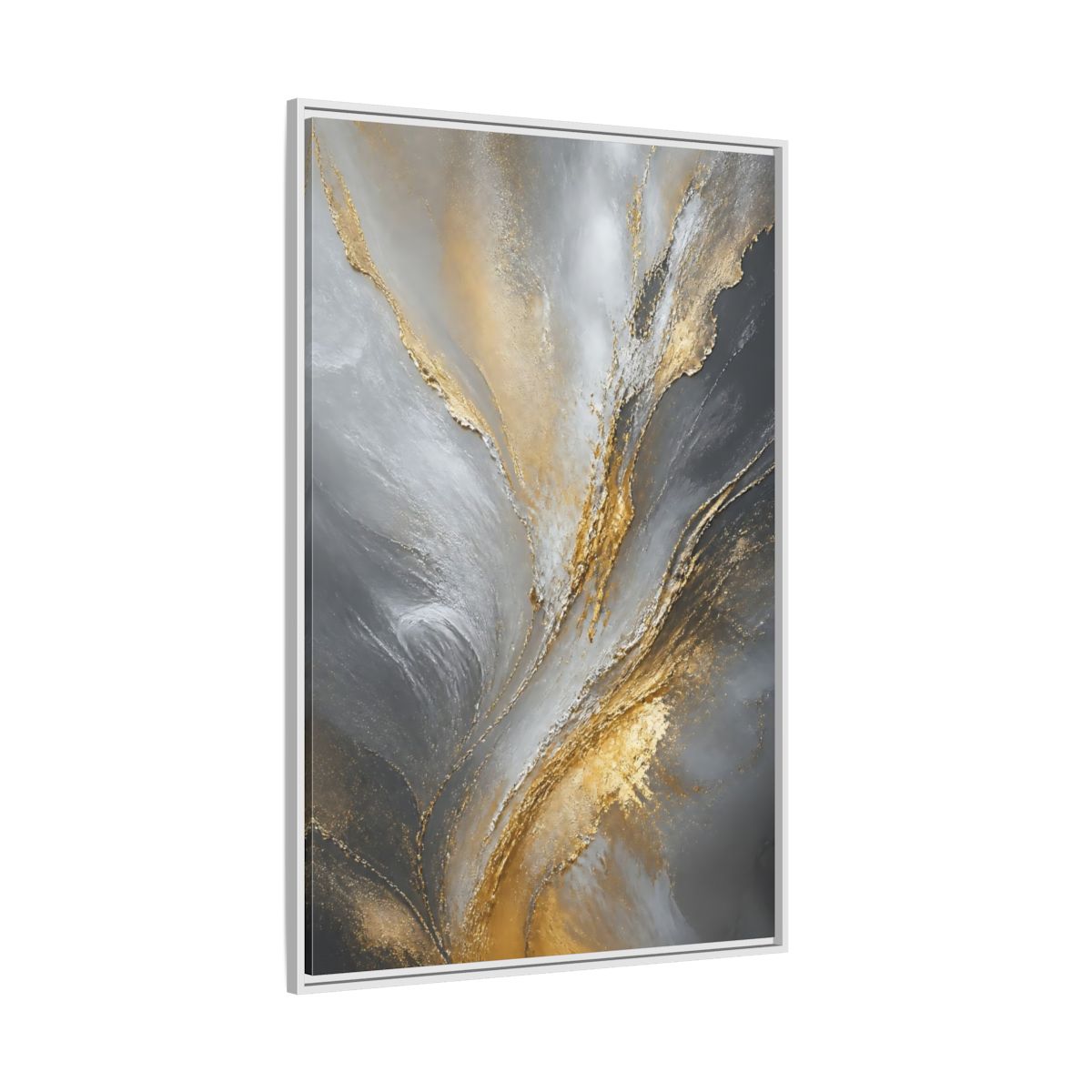 Side Mockup 7. Gilded Gray Swirl shown as framed canvas print