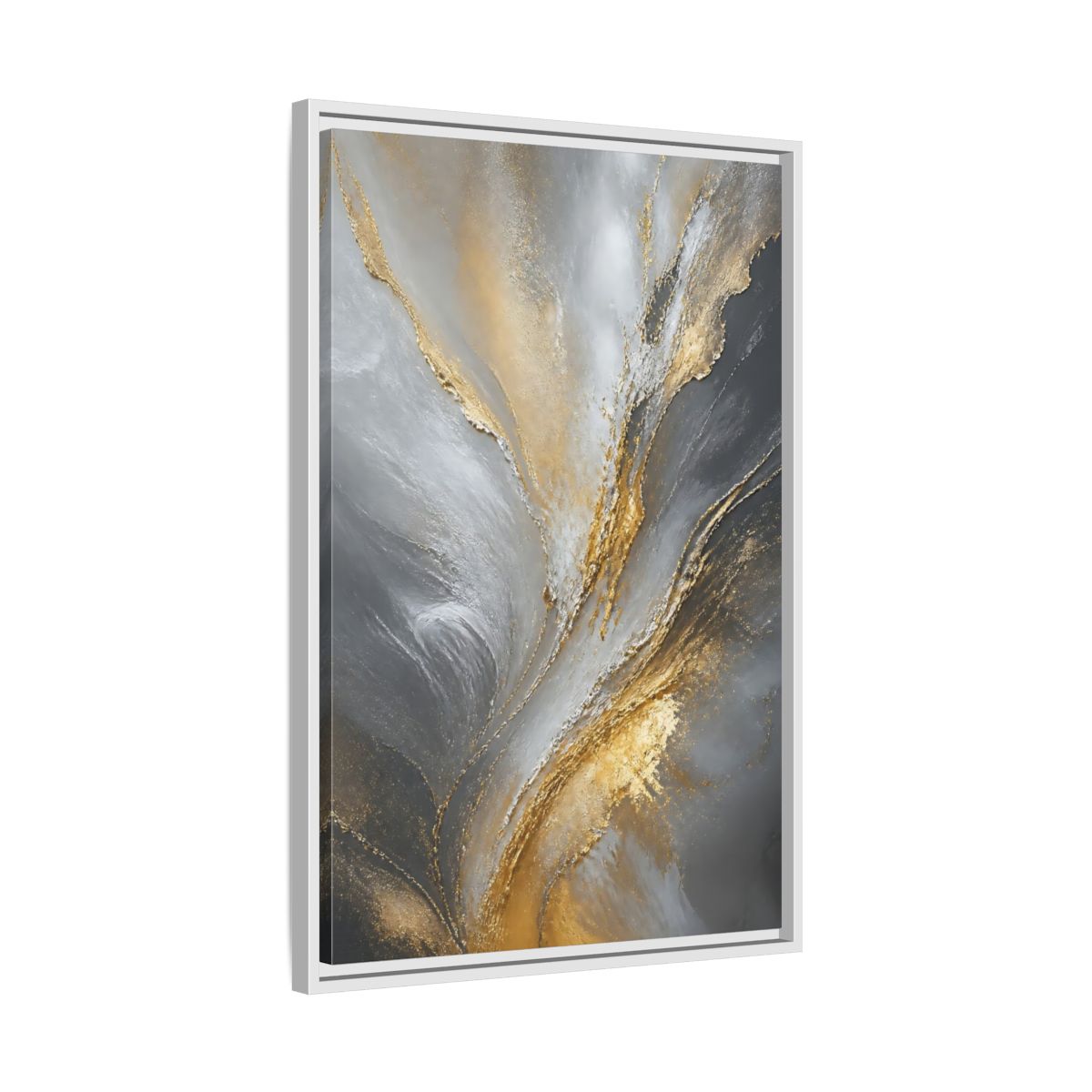 Side Mockup 10. Gilded Gray Swirl shown as framed canvas print