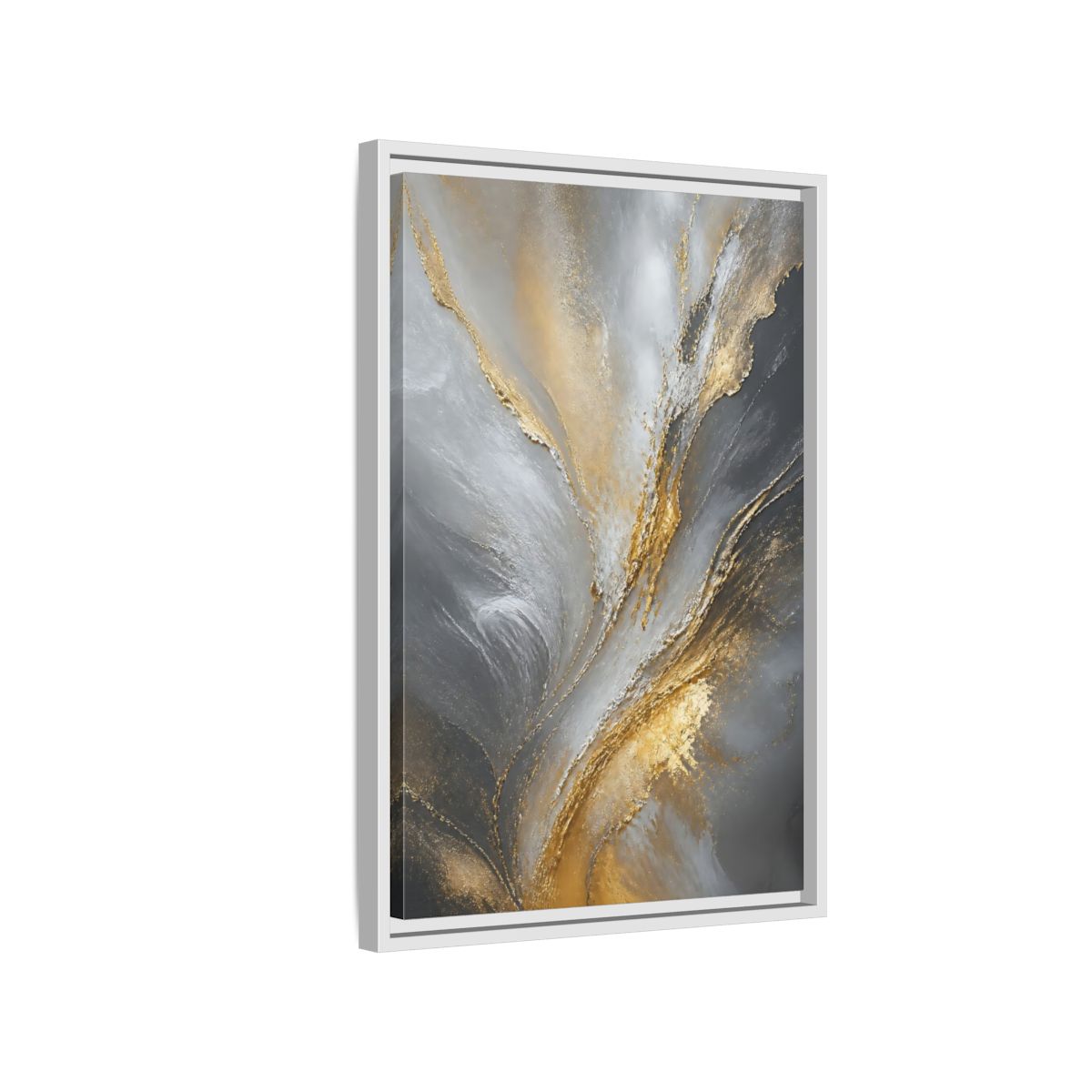 Side Mockup 1. Gilded Gray Swirl shown as framed canvas print