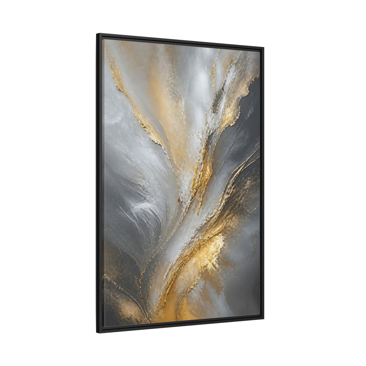 Side Mockup 12. Gilded Gray Swirl shown as framed canvas print