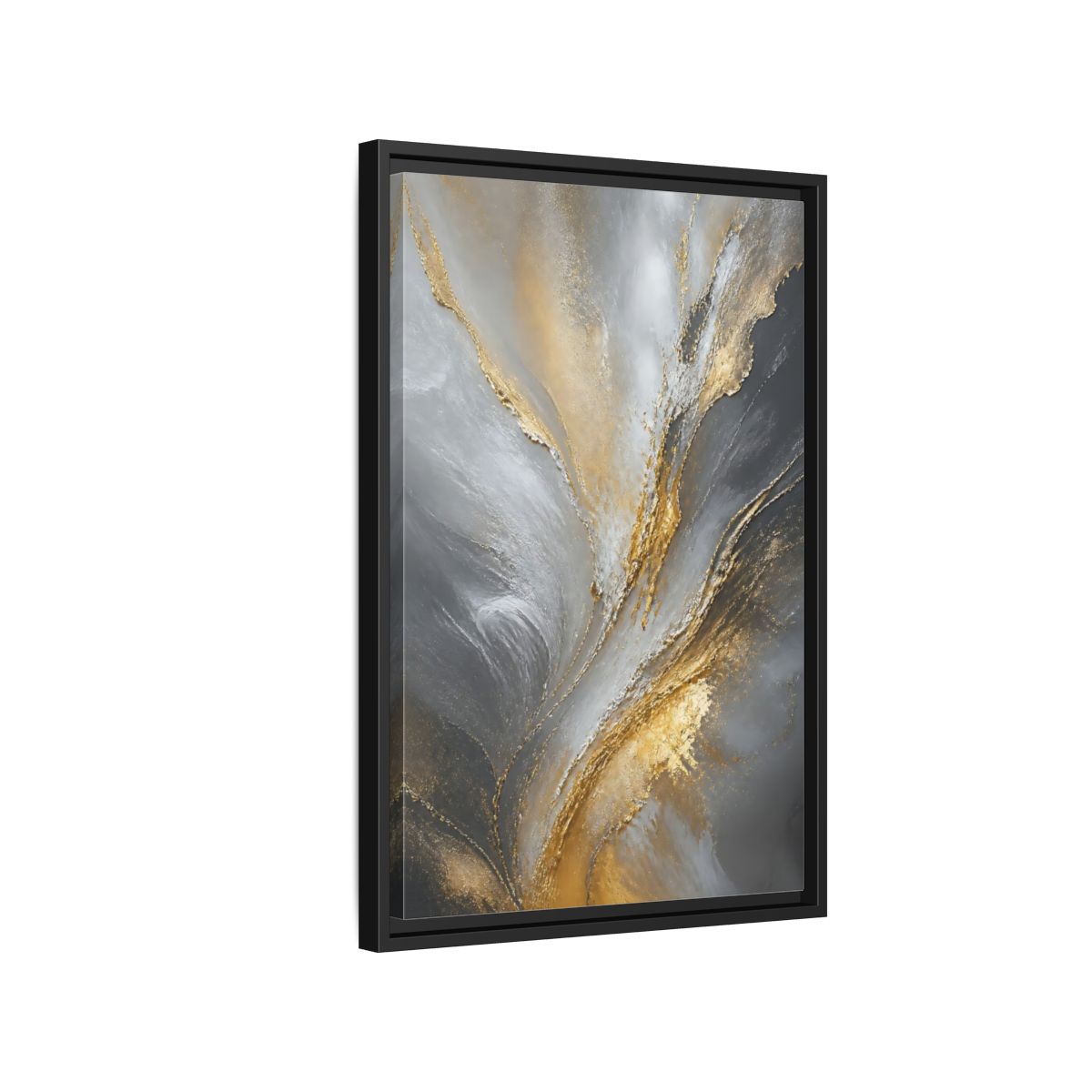 Side Mockup 3. Gilded Gray Swirl shown as framed canvas print