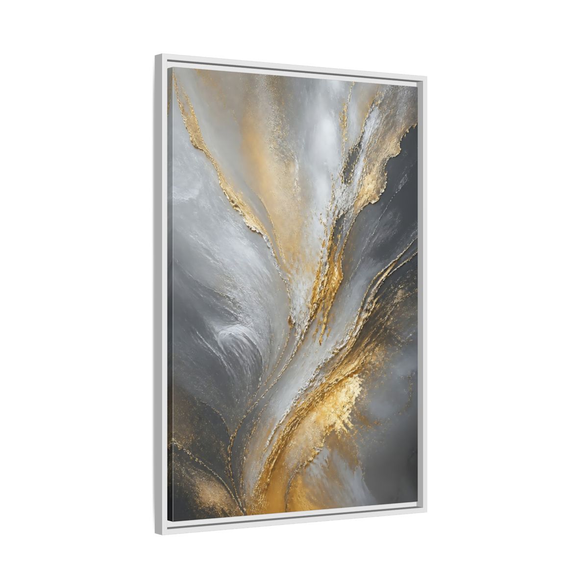 Side Mockup 9. Gilded Gray Swirl shown as framed canvas print
