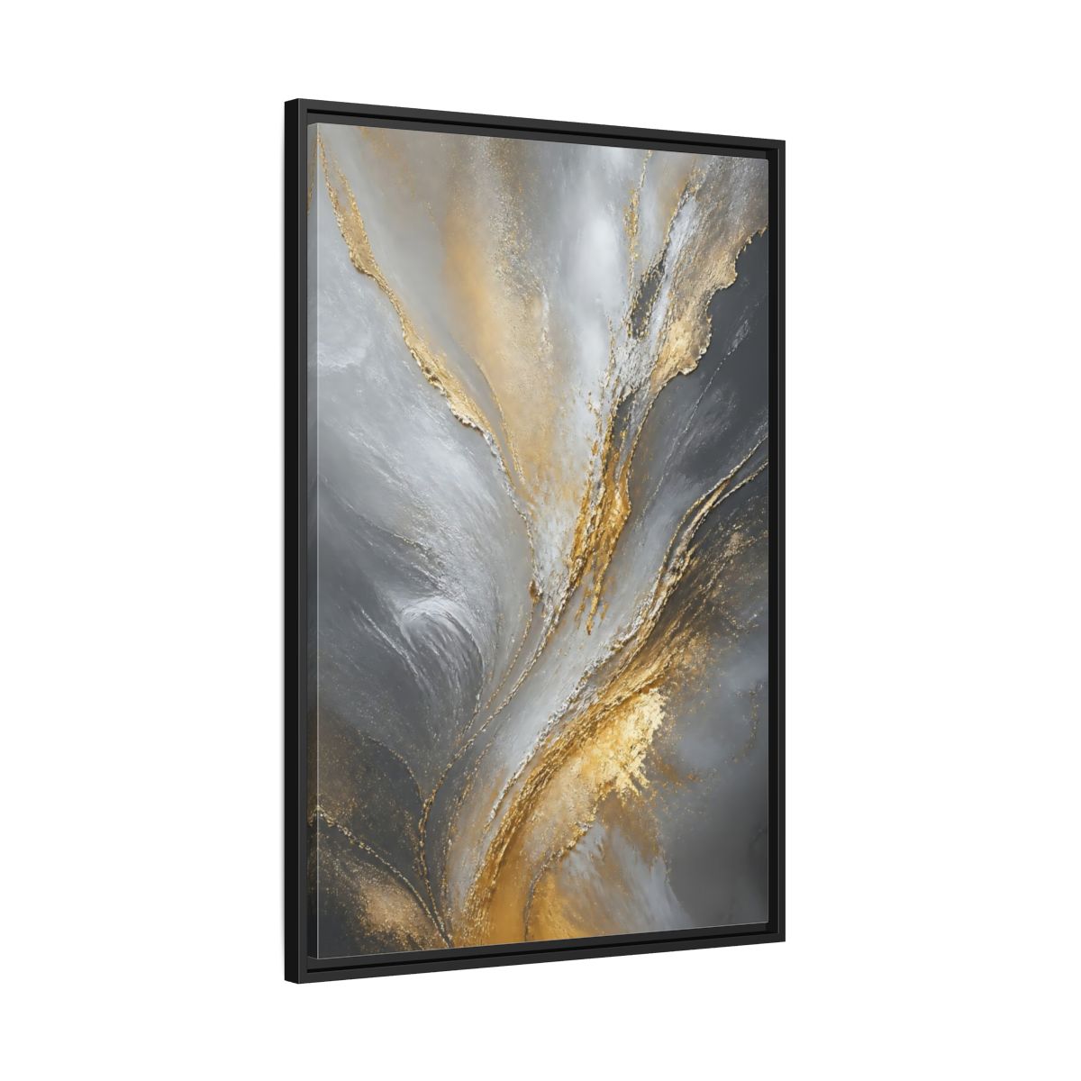 Side Mockup 13. Gilded Gray Swirl shown as framed canvas print