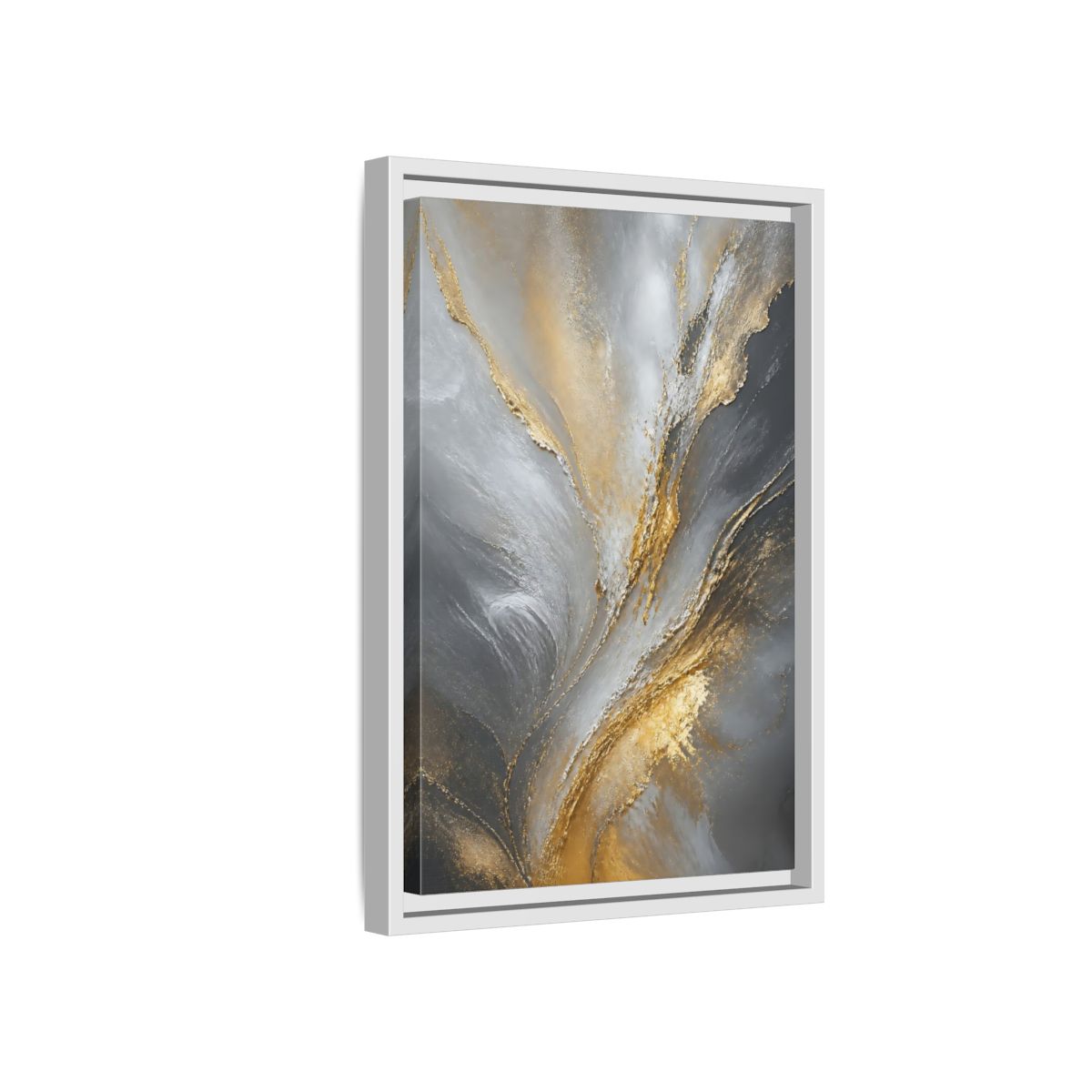 Side Mockup 4. Gilded Gray Swirl shown as framed canvas print