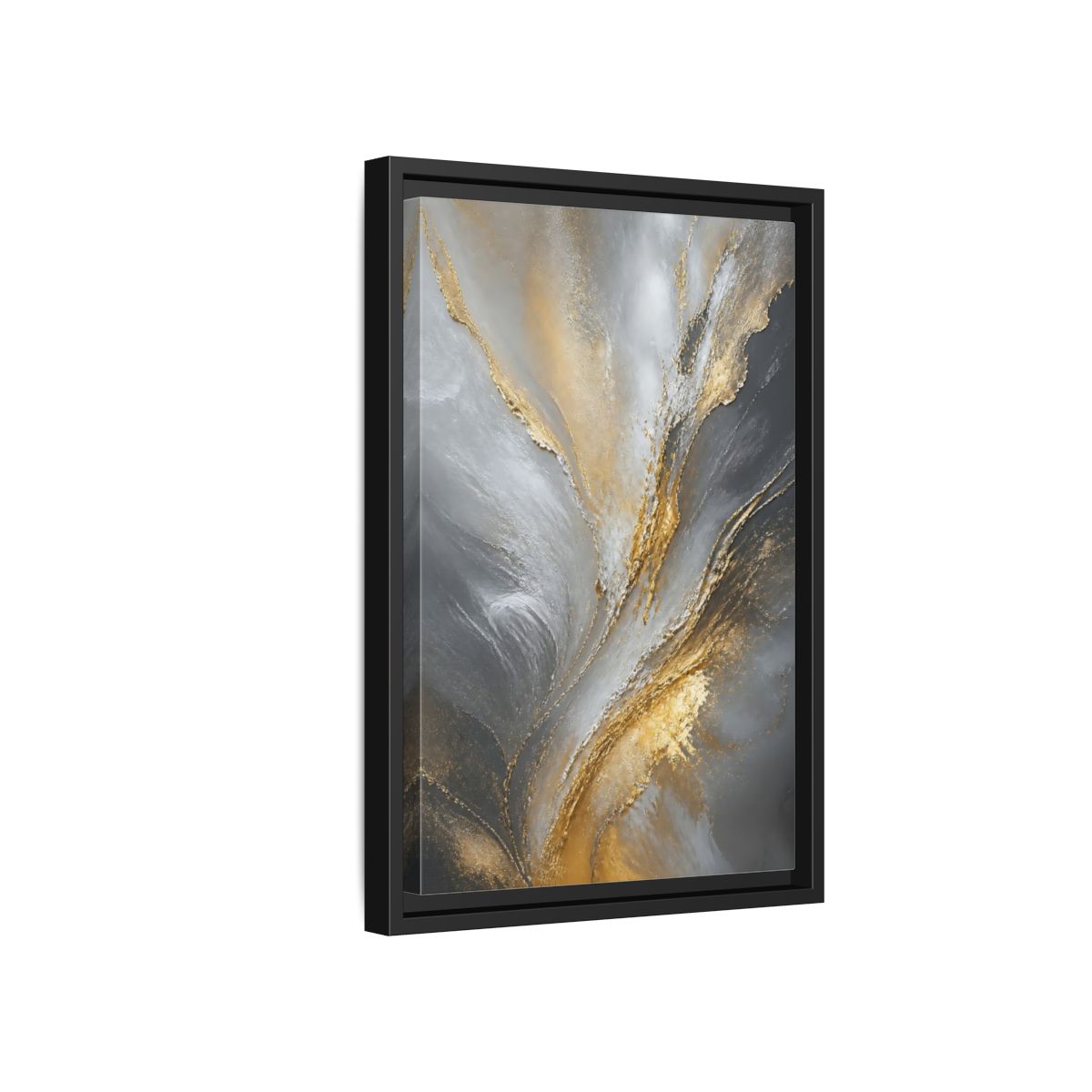 Side Mockup 6. Gilded Gray Swirl shown as framed canvas print