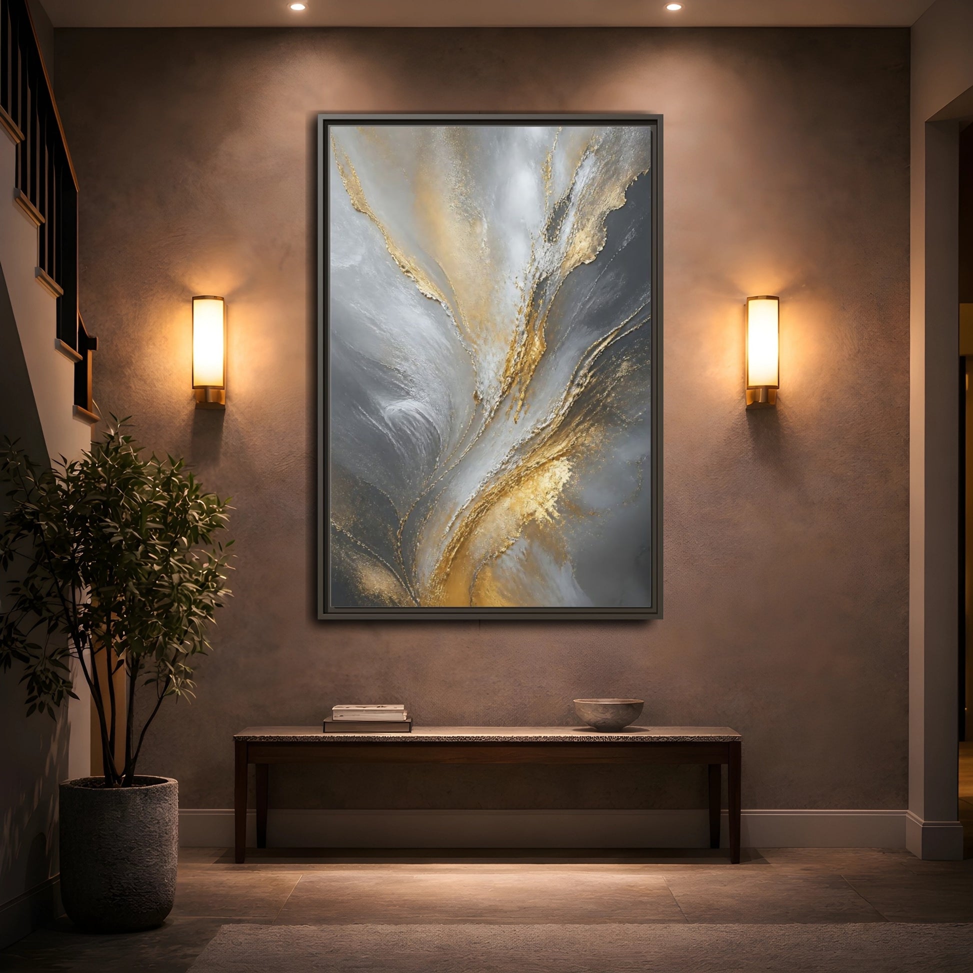Mockup 2. Gilded Gray Swirl shown as framed canvas print