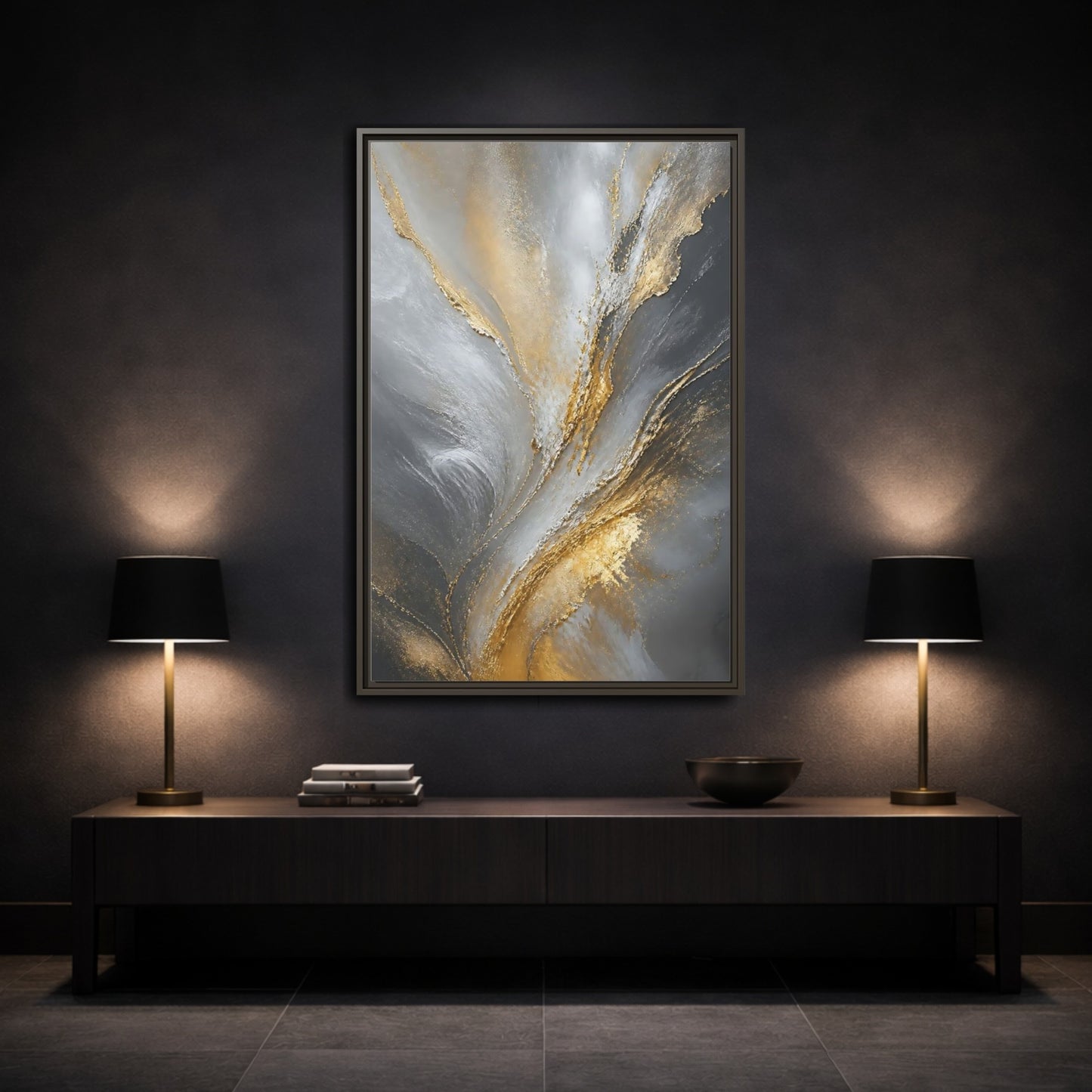 Mockup 3. Gilded Gray Swirl shown as framed canvas print