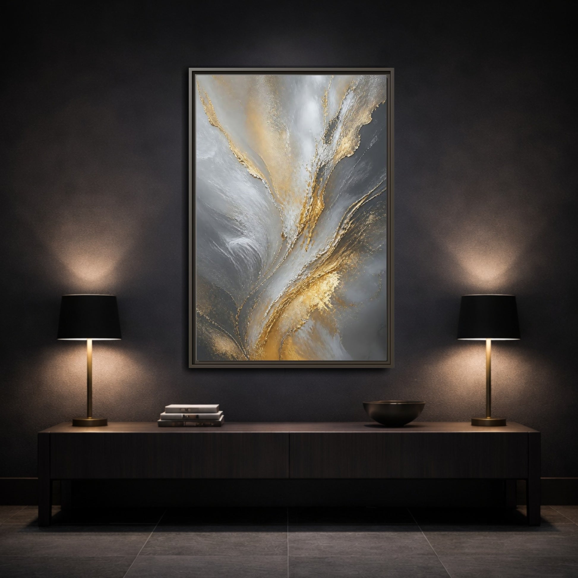 Mockup 3. Gilded Gray Swirl shown as framed canvas print