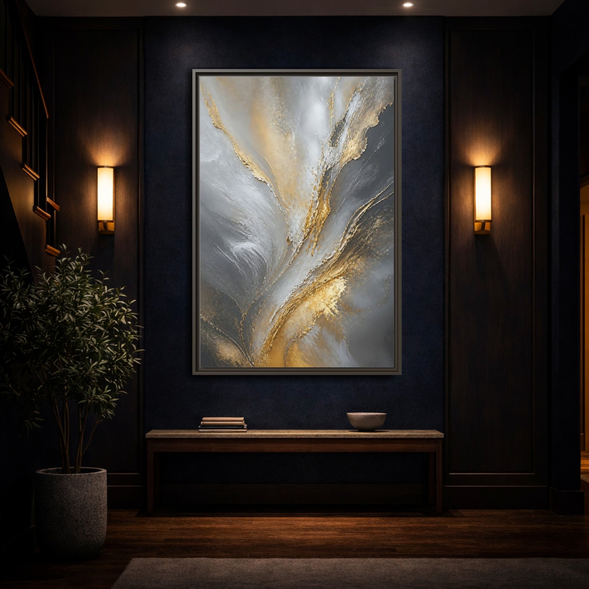 Mockup 4. Gilded Gray Swirl shown as framed canvas print