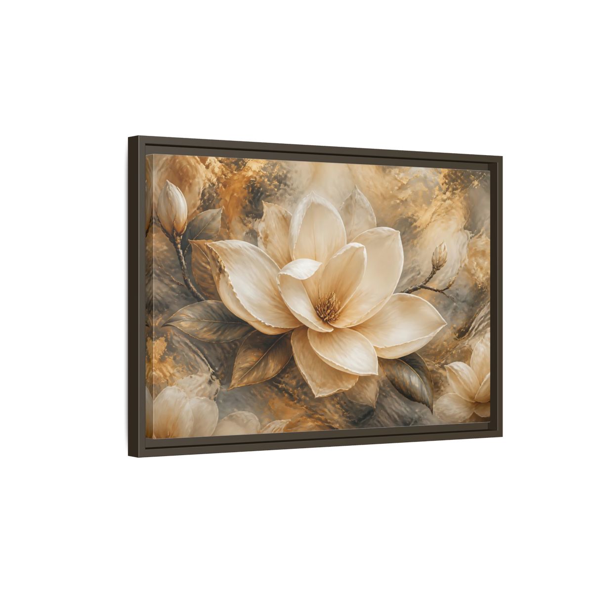 Side Mockup 2. Gilded Ivory Magnolia shown as framed canvas print