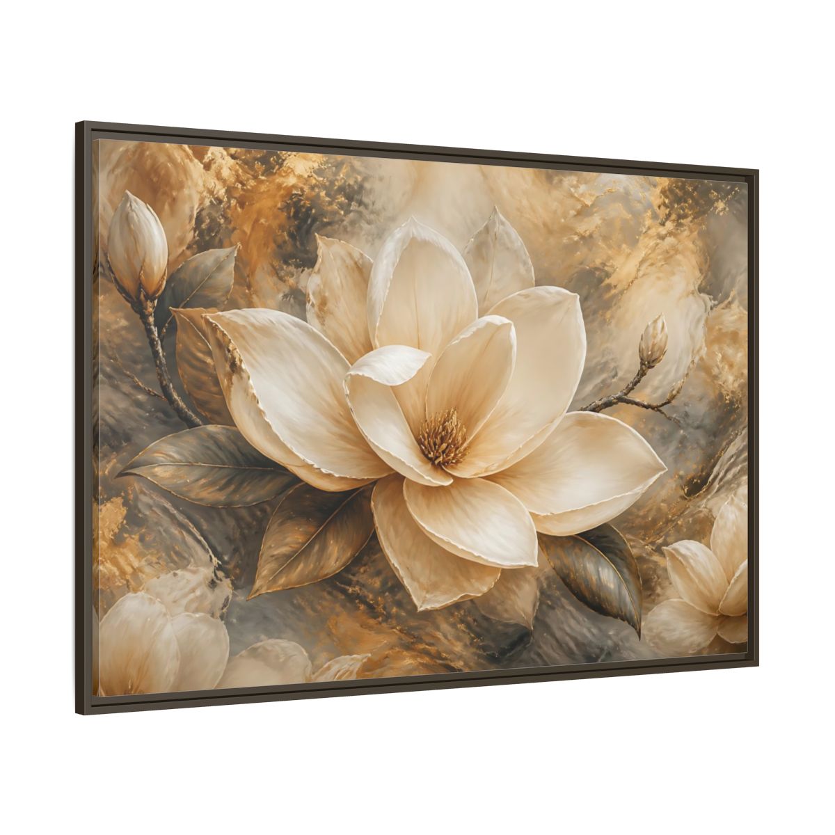 Side Mockup 8. Gilded Ivory Magnolia shown as framed canvas print