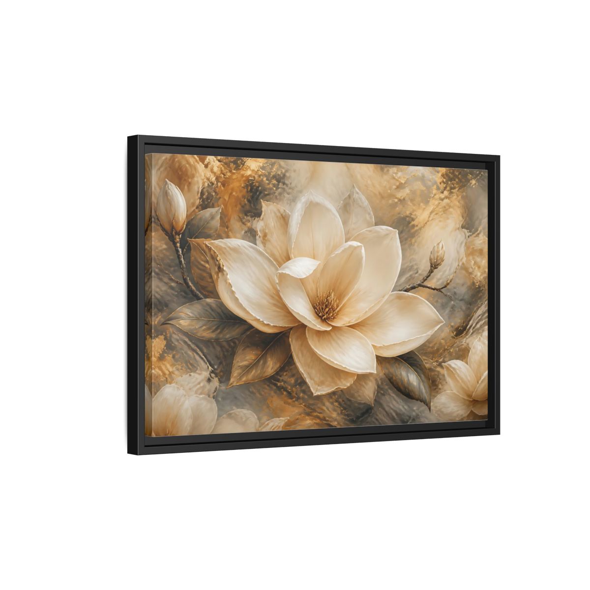 Side Mockup 3. Gilded Ivory Magnolia shown as framed canvas print