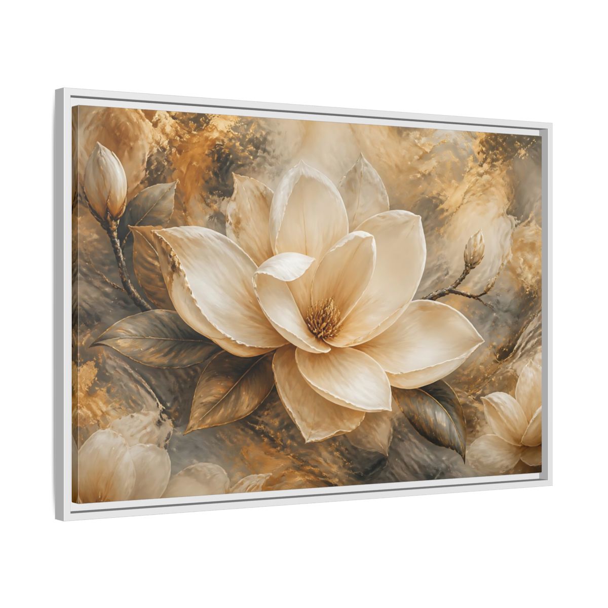 Side Mockup 9. Gilded Ivory Magnolia shown as framed canvas print