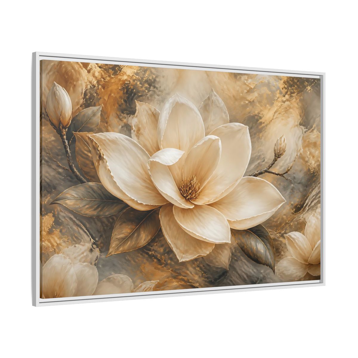 Side Mockup 7. Gilded Ivory Magnolia shown as framed canvas print