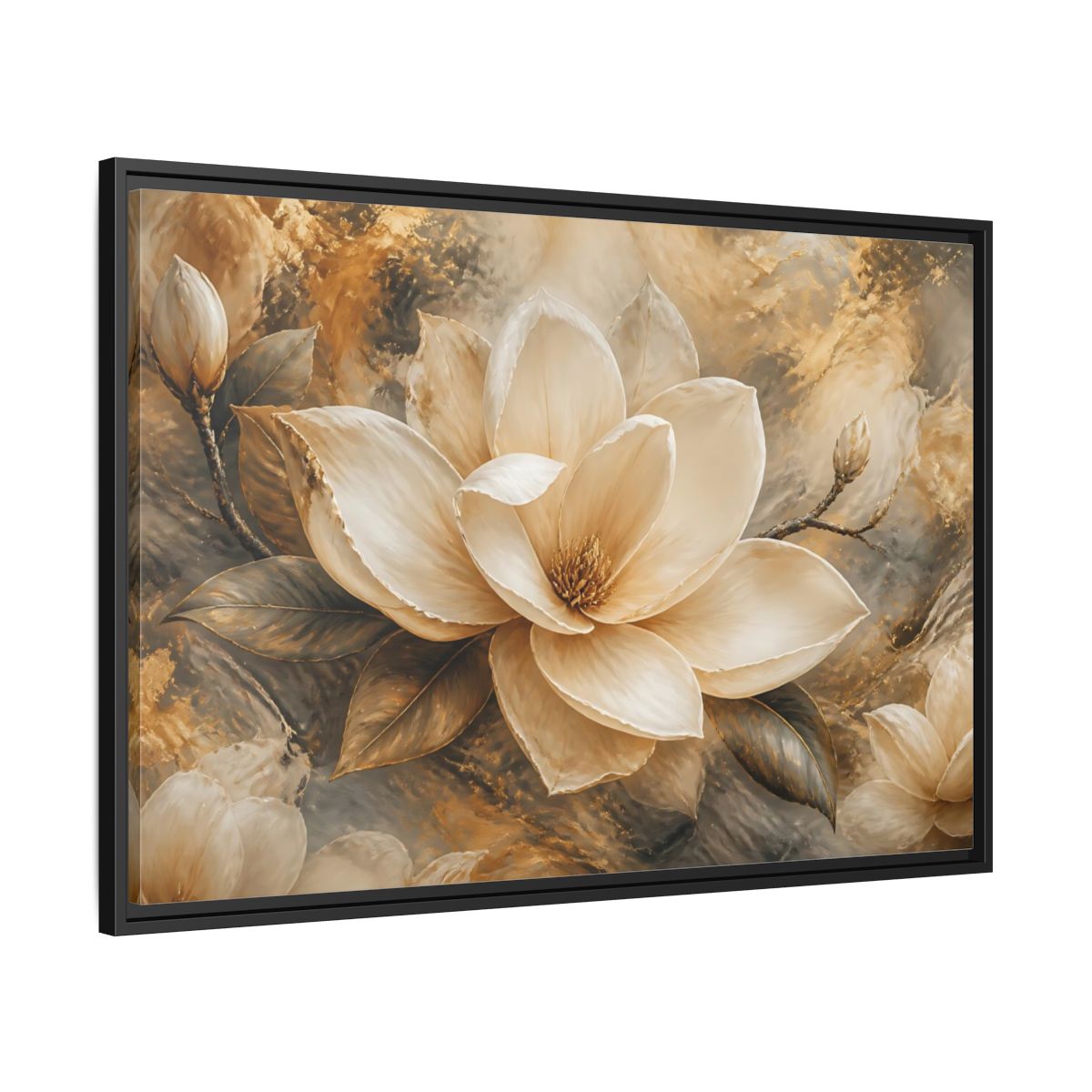 Side Mockup 13. Gilded Ivory Magnolia shown as framed canvas print