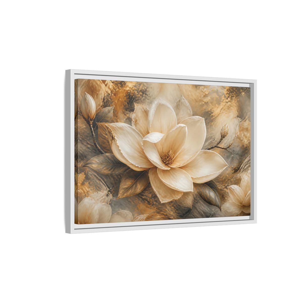 Side Mockup 1. Gilded Ivory Magnolia shown as framed canvas print