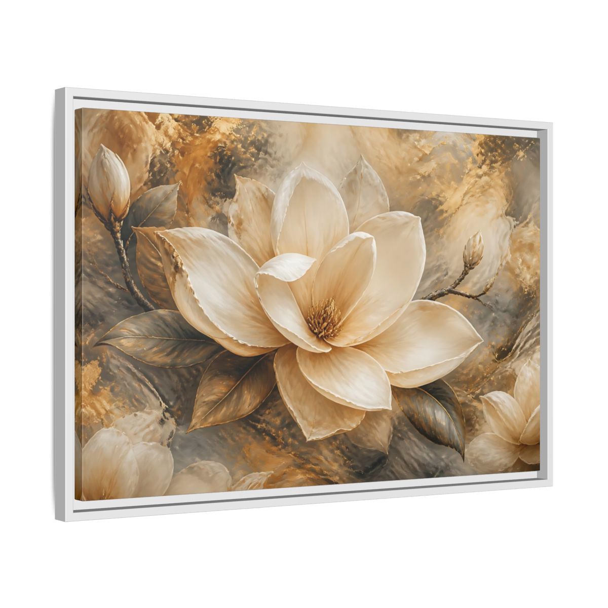 Side Mockup 10. Gilded Ivory Magnolia shown as framed canvas print