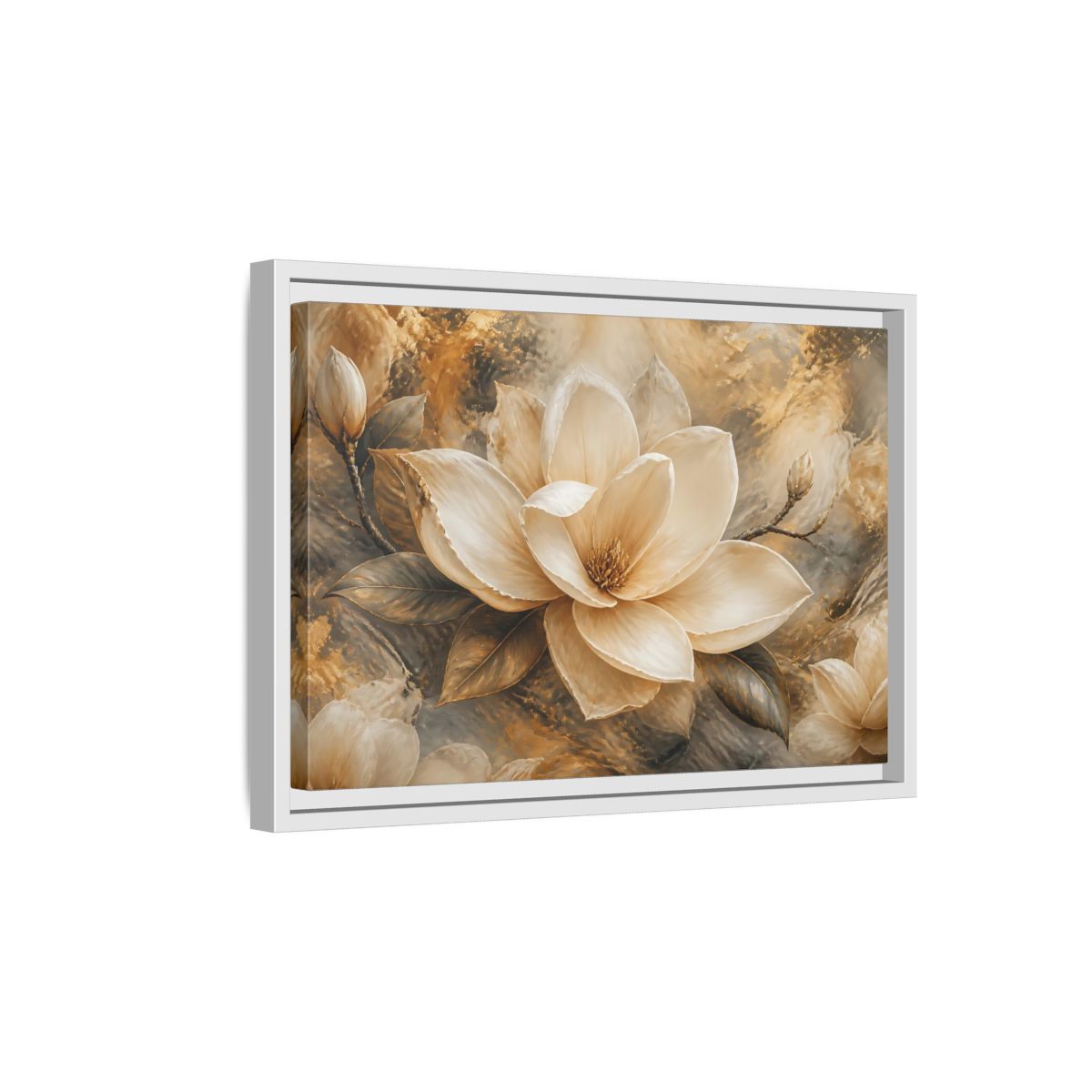 Side Mockup 4. Gilded Ivory Magnolia shown as framed canvas print