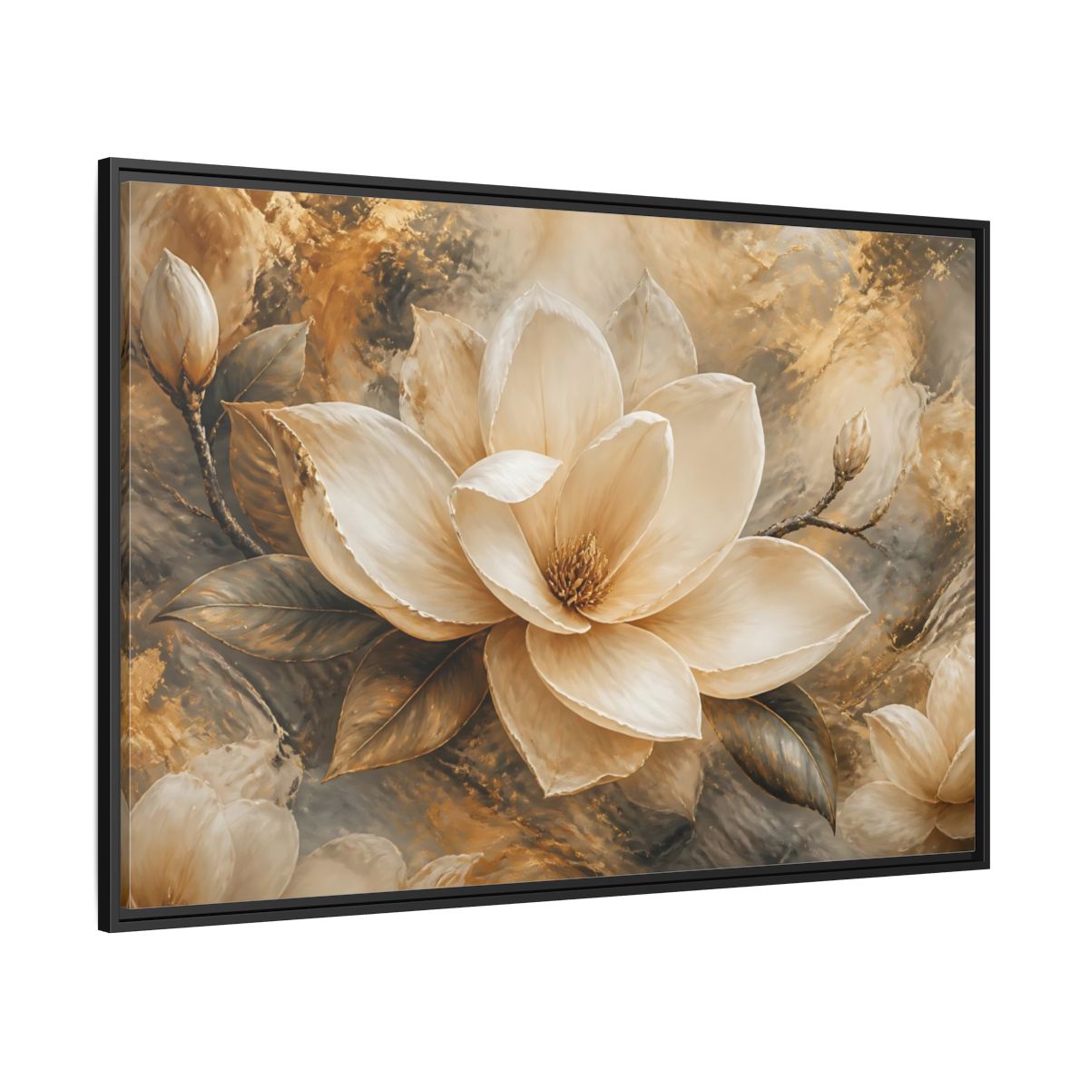 Side Mockup 12. Gilded Ivory Magnolia shown as framed canvas print