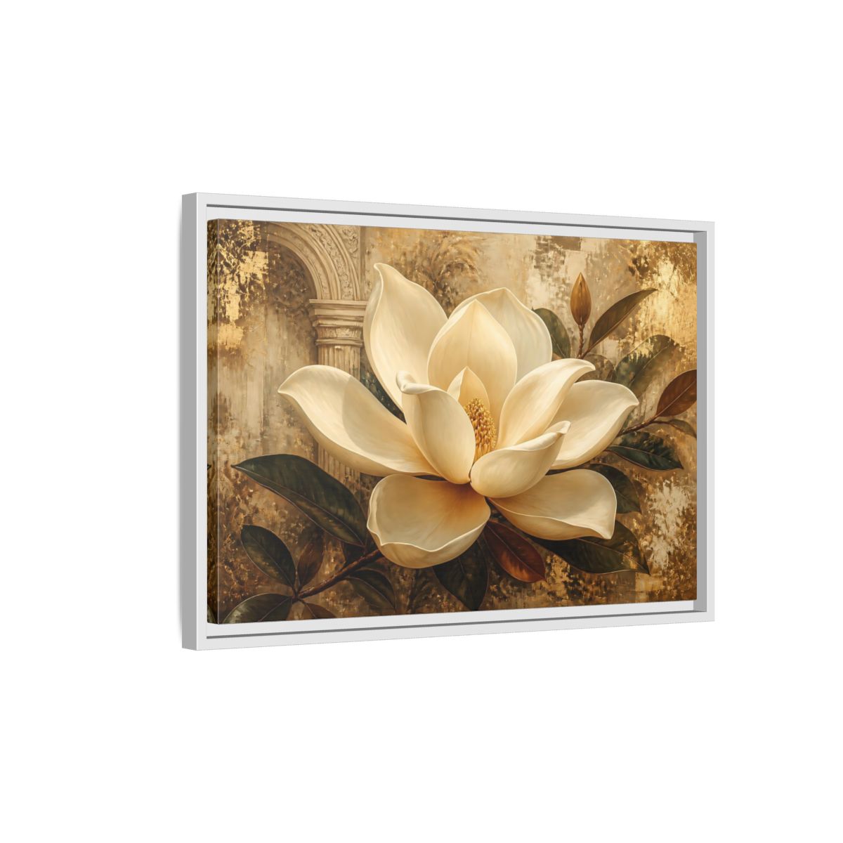 Side Mockup 1. Gilded Ivory Magnolia shown as framed canvas print