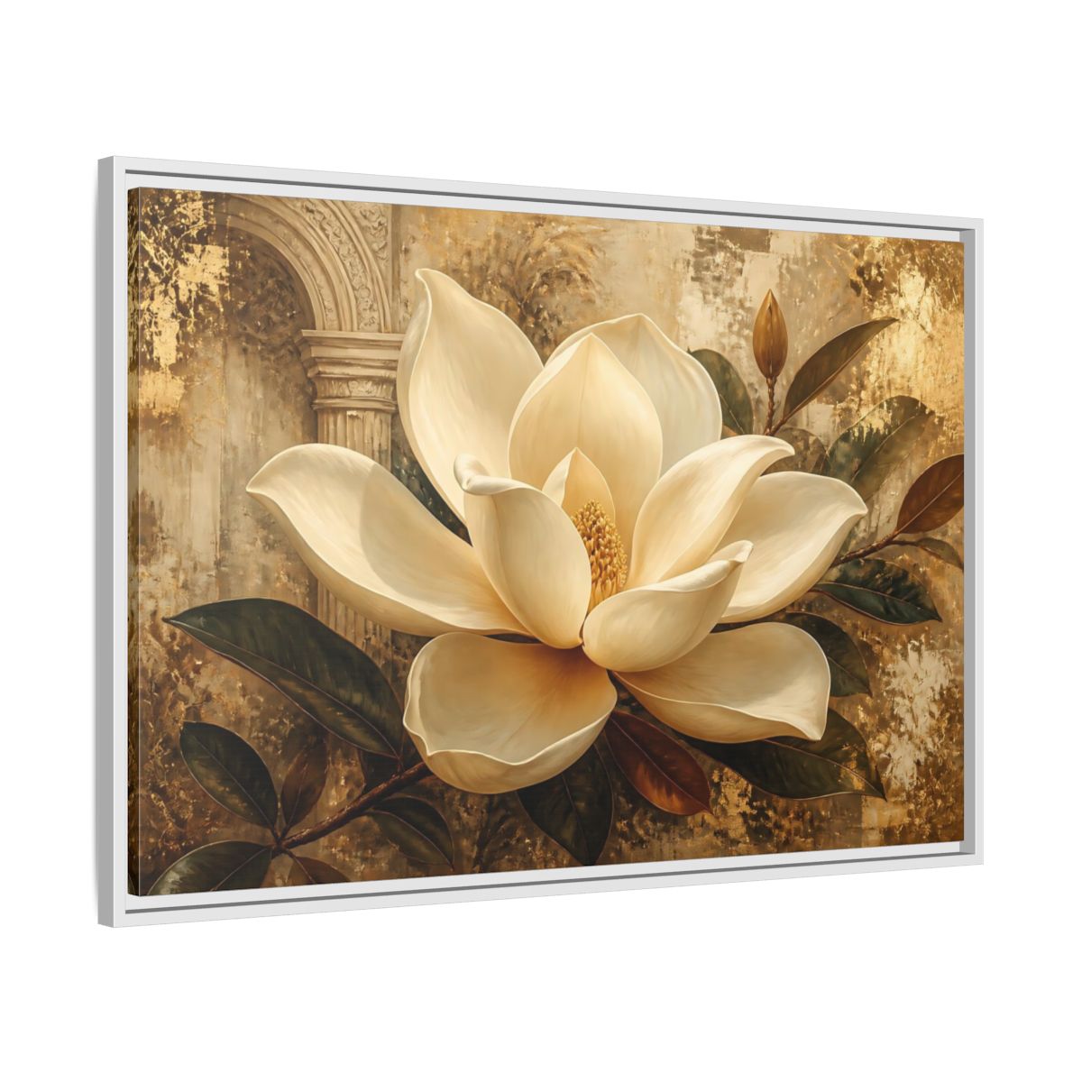 Side Mockup 9. Gilded Ivory Magnolia shown as framed canvas print