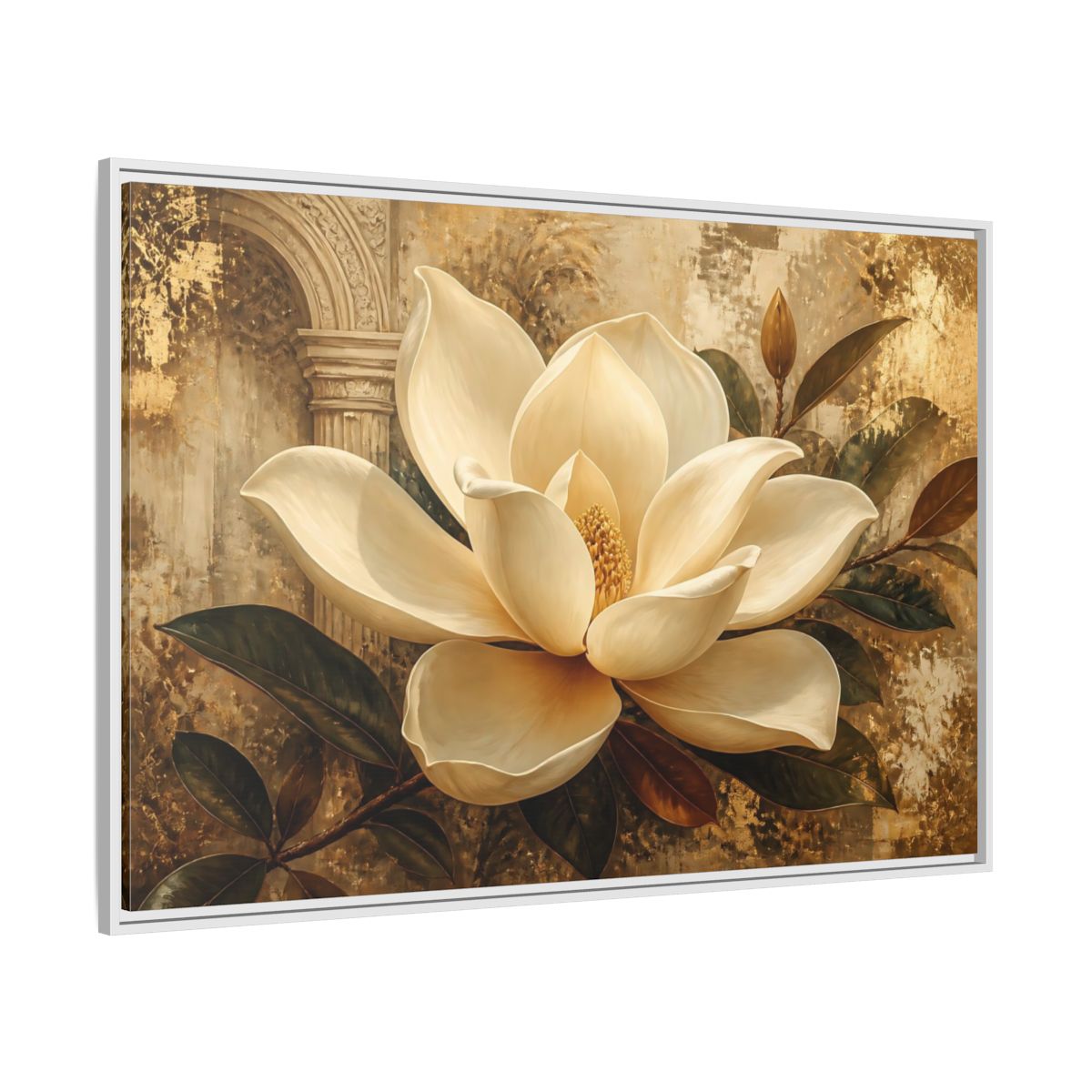 Side Mockup 7. Gilded Ivory Magnolia shown as framed canvas print