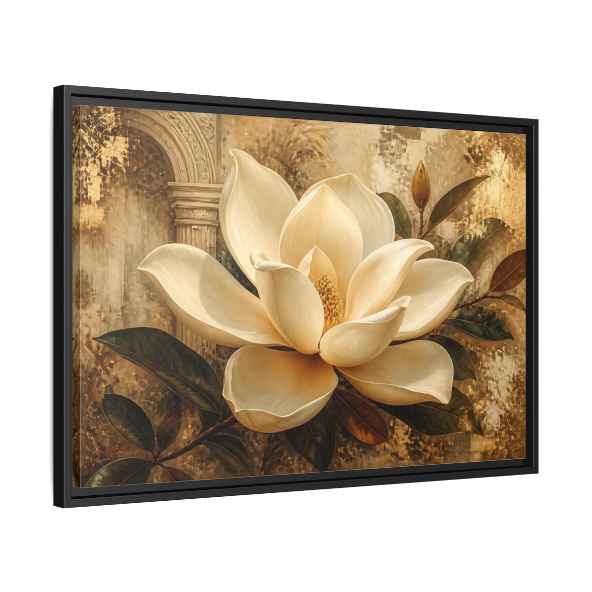 Side Mockup 14. Gilded Ivory Magnolia shown as framed canvas print