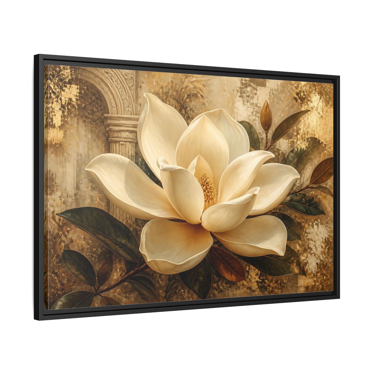 Side Mockup 13. Gilded Ivory Magnolia shown as framed canvas print