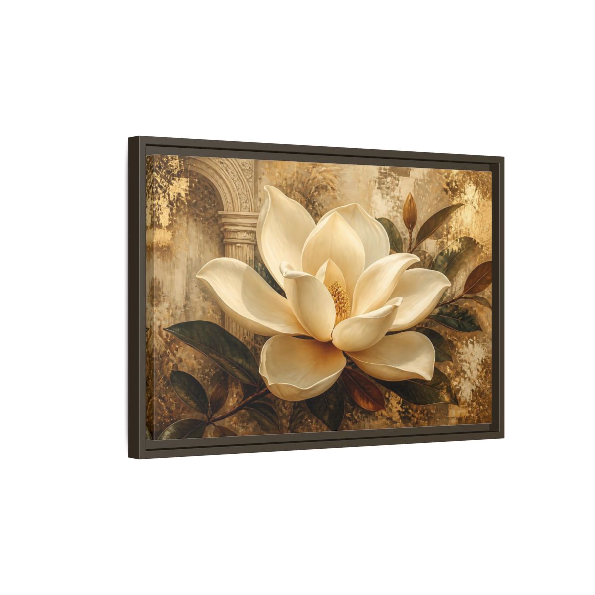 Side Mockup 2. Gilded Ivory Magnolia shown as framed canvas print