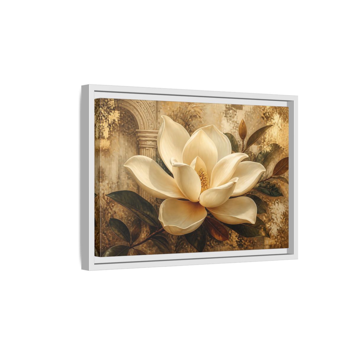 Side Mockup 4. Gilded Ivory Magnolia shown as framed canvas print