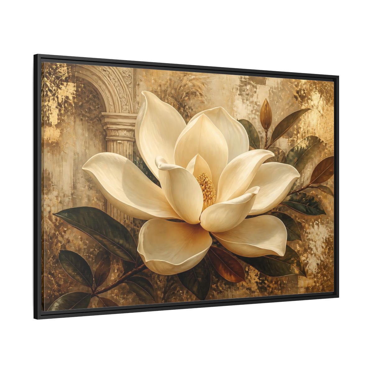 Side Mockup 12. Gilded Ivory Magnolia shown as framed canvas print