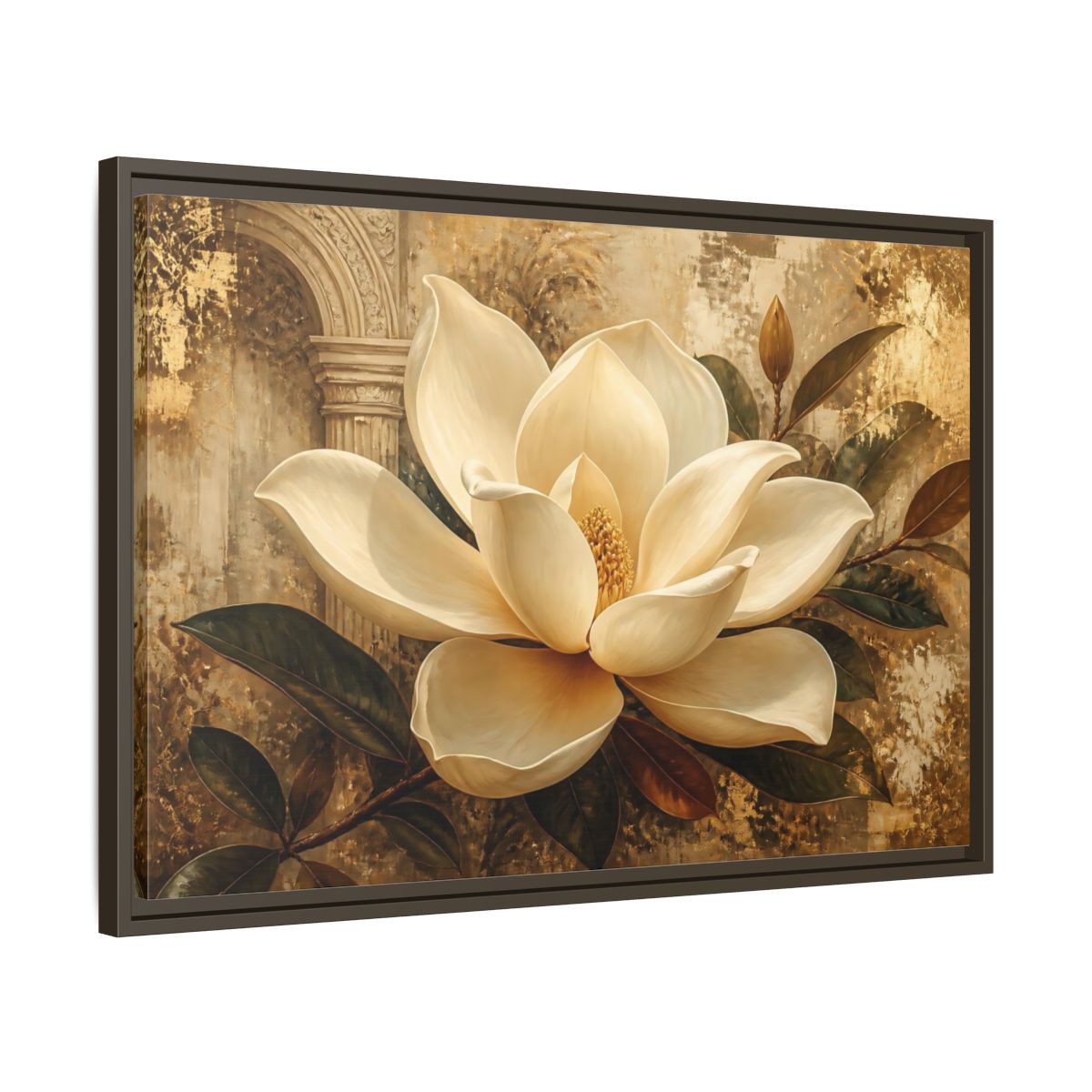 Side Mockup 11. Gilded Ivory Magnolia shown as framed canvas print