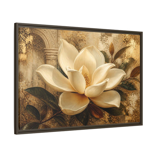 Main Mockup. Gilded Ivory Magnolia shown as framed canvas print